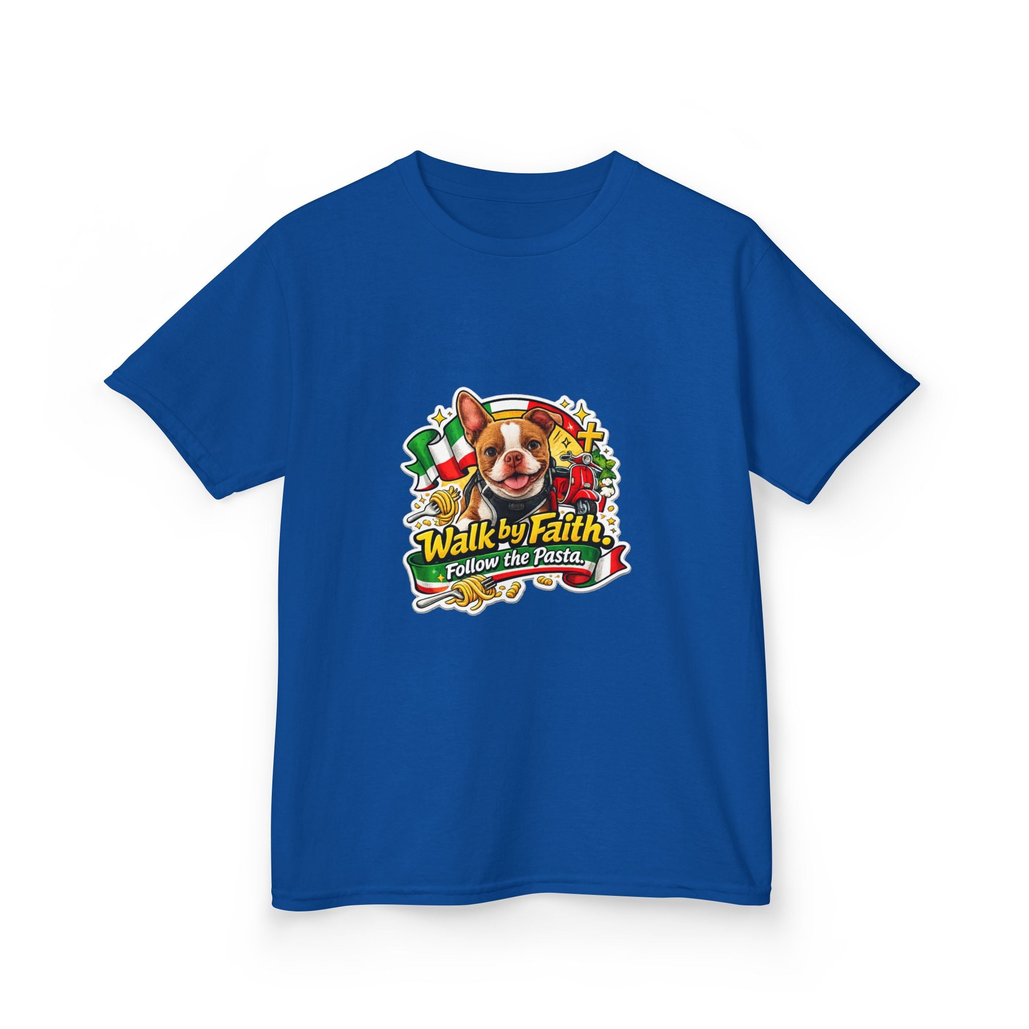 Kids T‑Shirt — “Walk by Faith, Follow the Pasta ” Cute Olli the Boston Terrier Faith Graphic