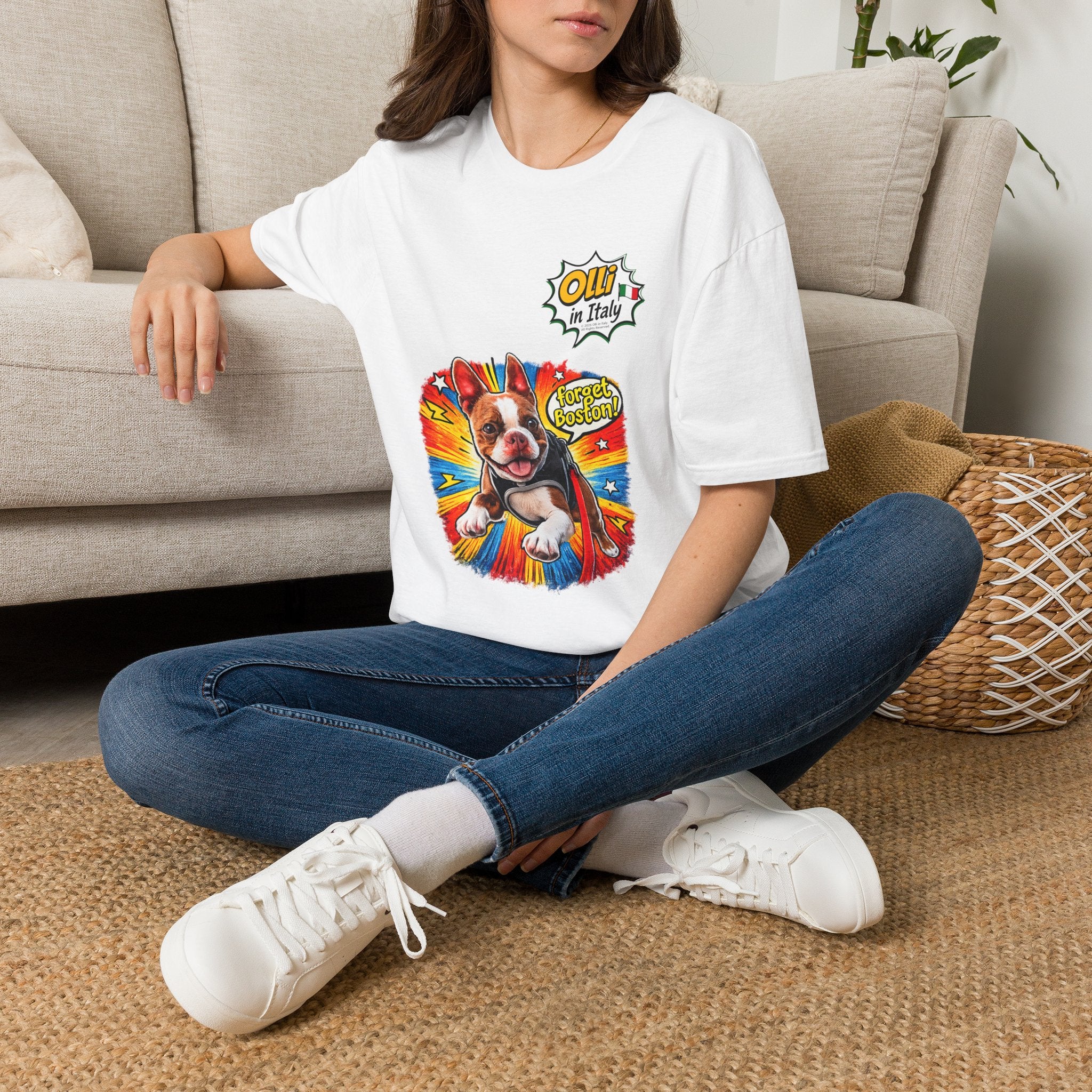 Olli in Italy "Forget Boston" Graphic T-Shirt — Colorful Dog Pop Art Tee