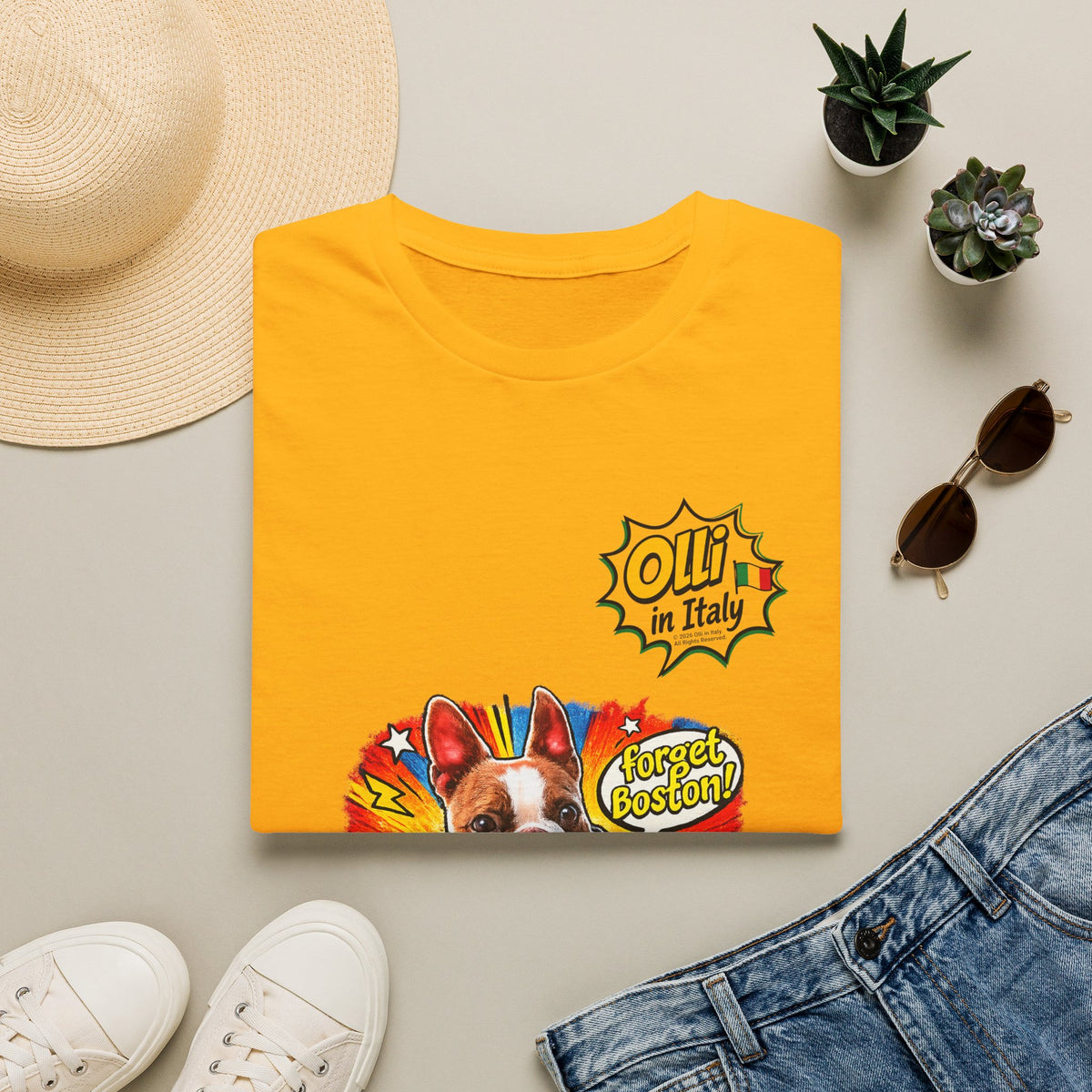 Olli in Italy "Forget Boston" Graphic T-Shirt — Colorful Dog Pop Art Tee
