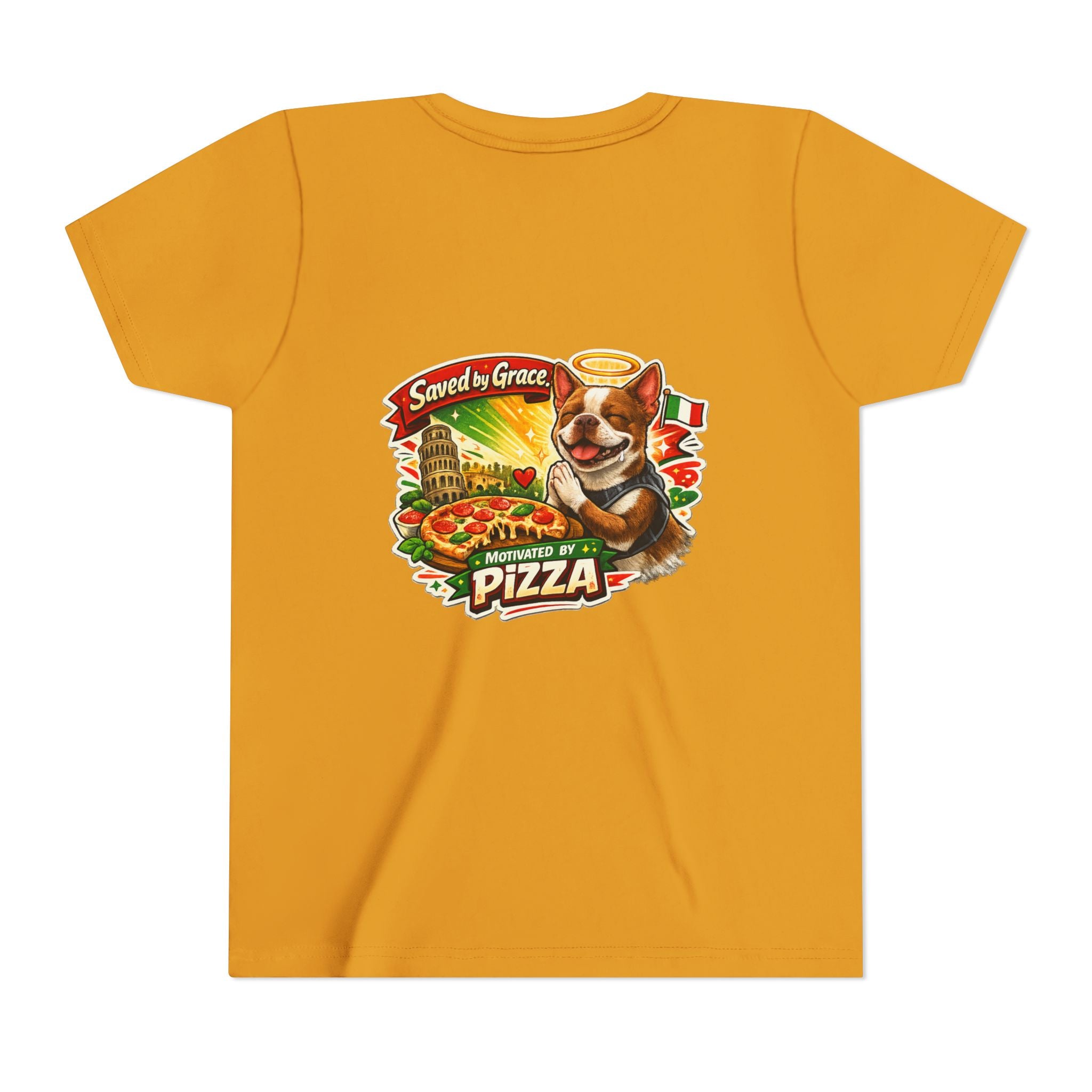 Kids' Pizza Olli the Boston Terrier in Italy Tee — "Saved by Grace" Funny Italian Pizza Youth Shirt