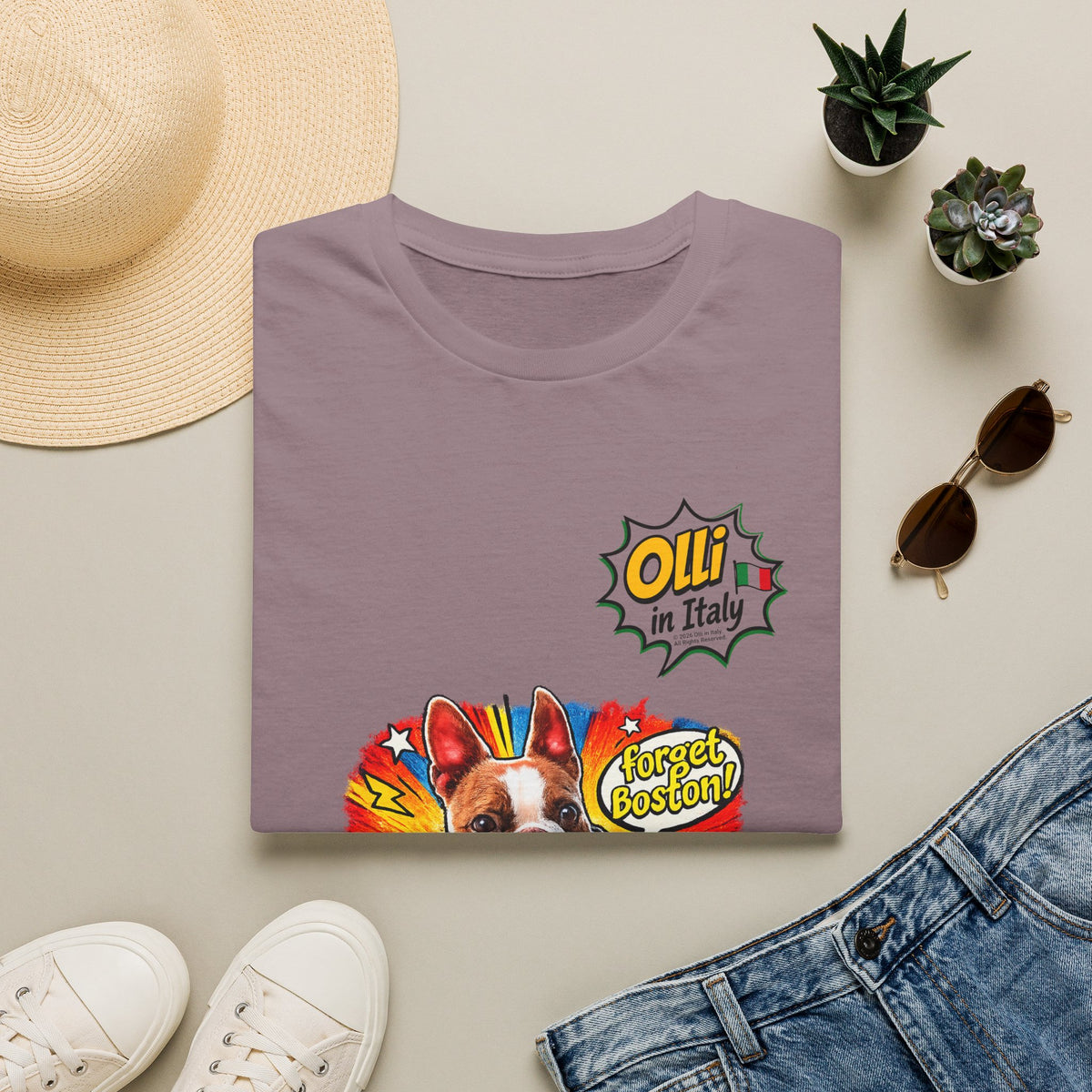 Olli in Italy "Forget Boston" Graphic T-Shirt — Colorful Dog Pop Art Tee
