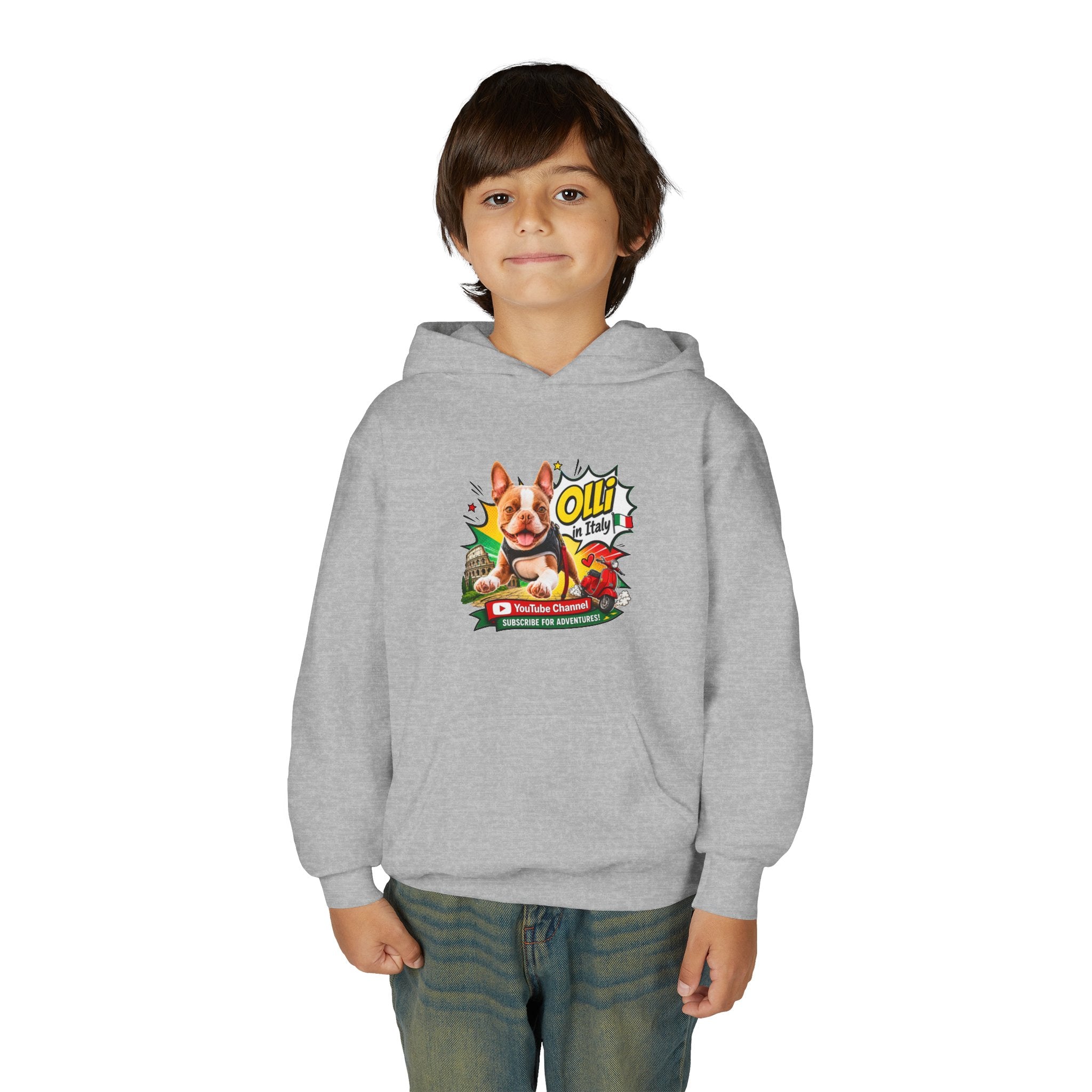 Olli the Boston Terrier in Italy Hoodie — "My Nose Says This Way" Youth Pullover