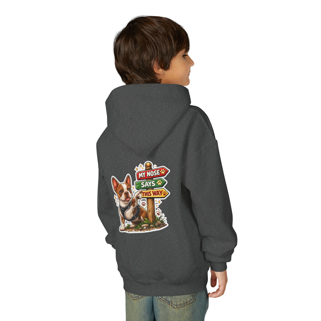 Olli the Boston Terrier in Italy Hoodie — "My Nose Says This Way" Youth Pullover