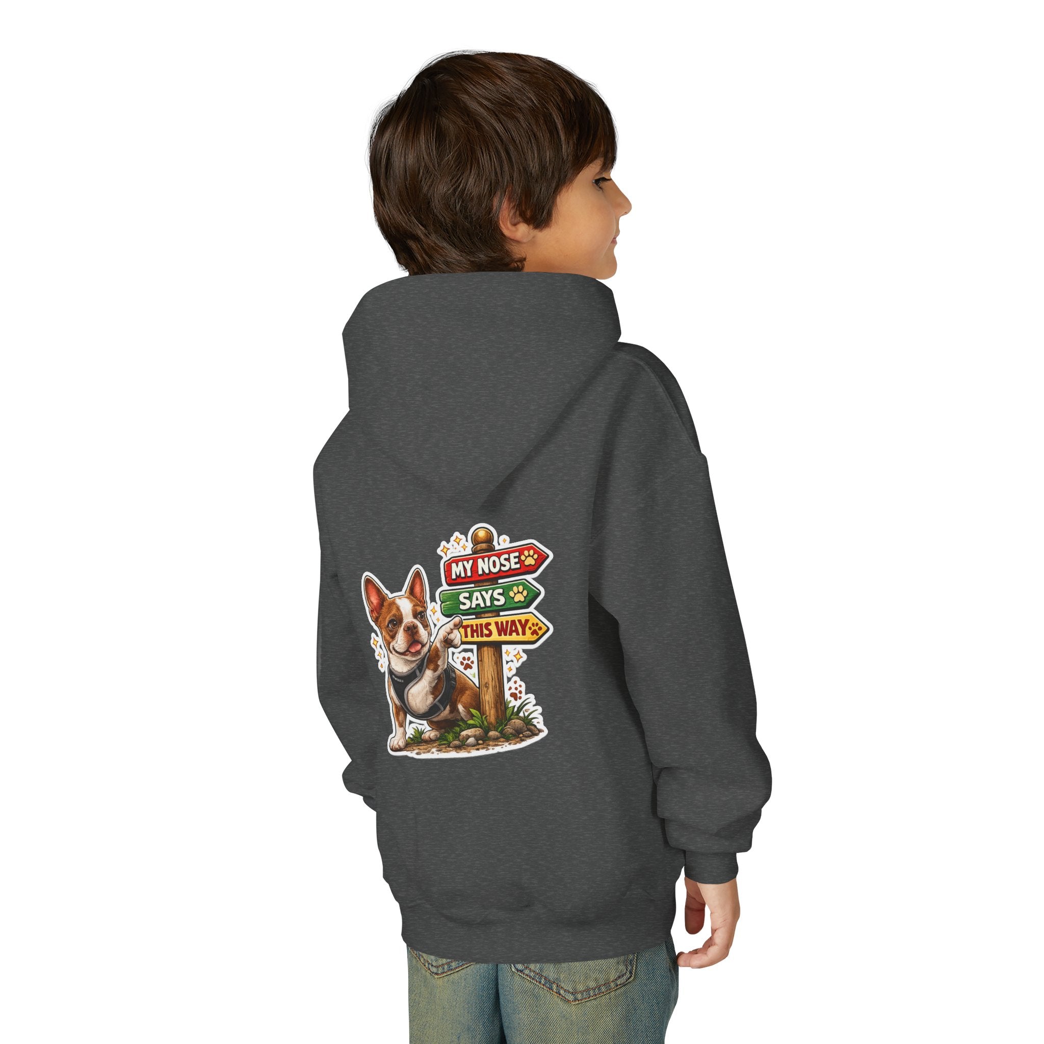 Olli the Boston Terrier in Italy Hoodie — "My Nose Says This Way" Youth Pullover