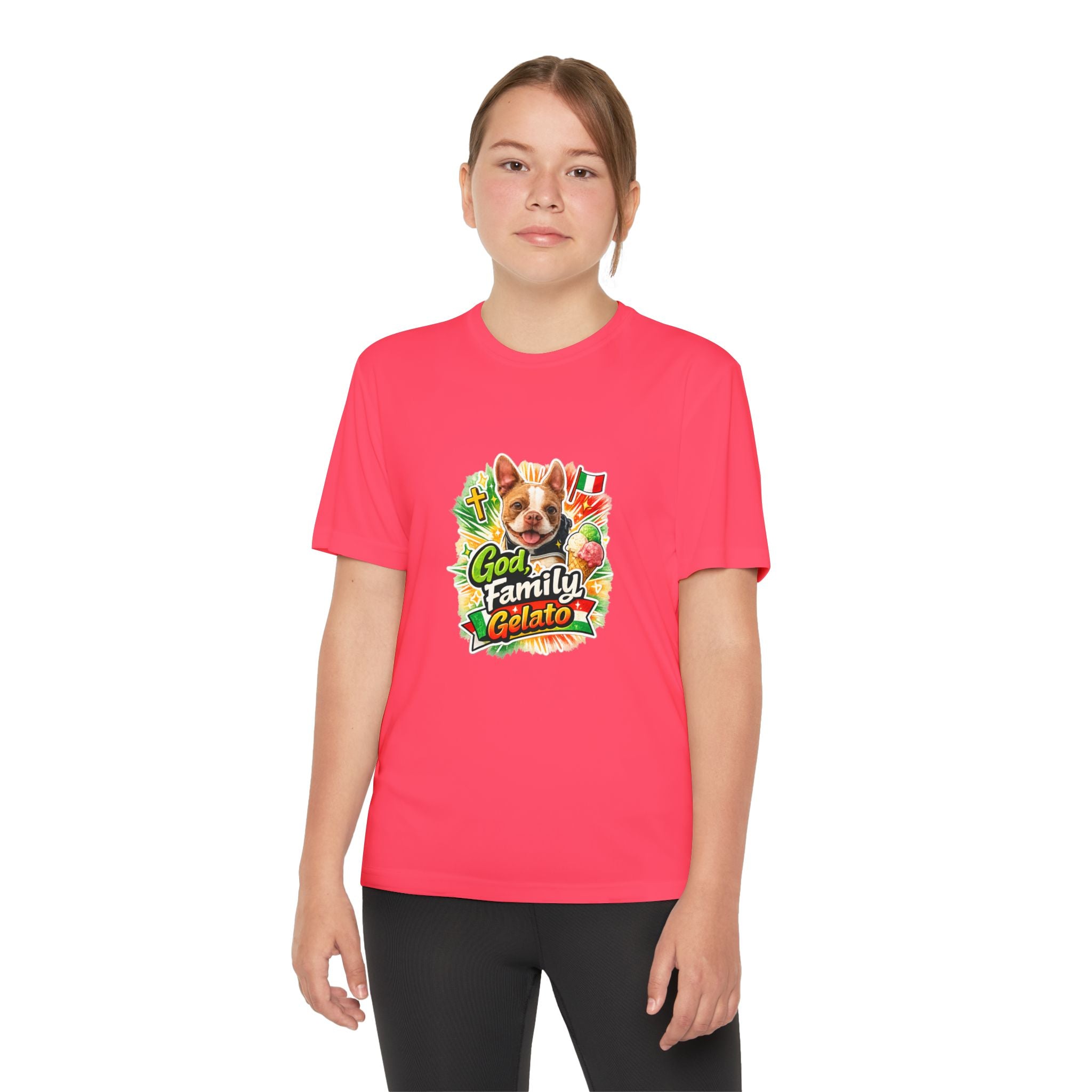 Youth Graphic Tee — 'God, Family, Gelato' Olli In Italy Boston Terrier Dog
