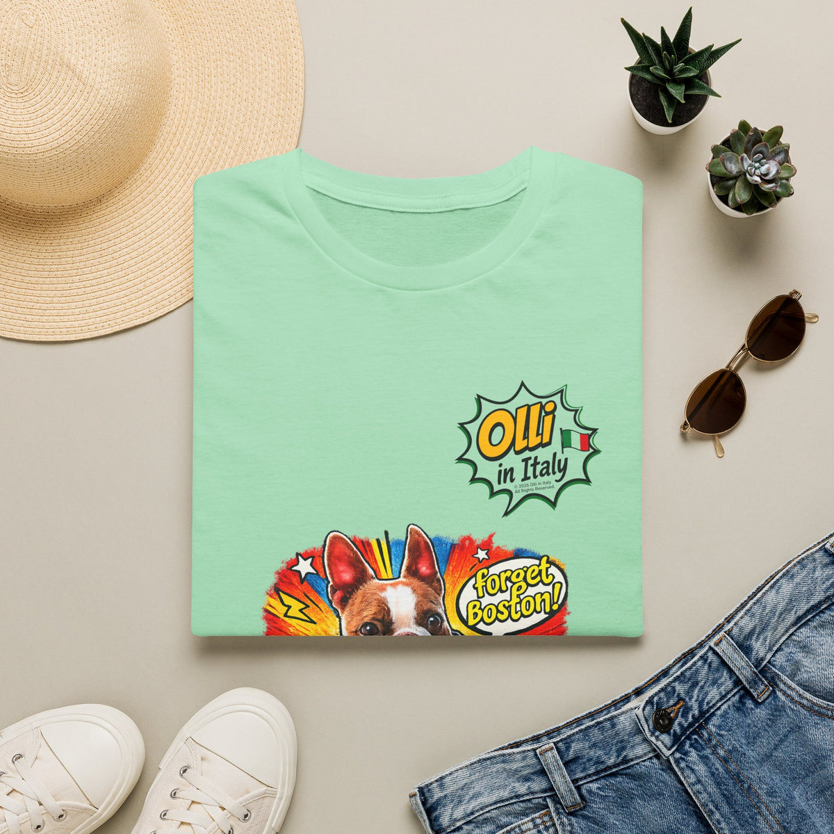 Olli in Italy "Forget Boston" Graphic T-Shirt — Colorful Dog Pop Art Tee