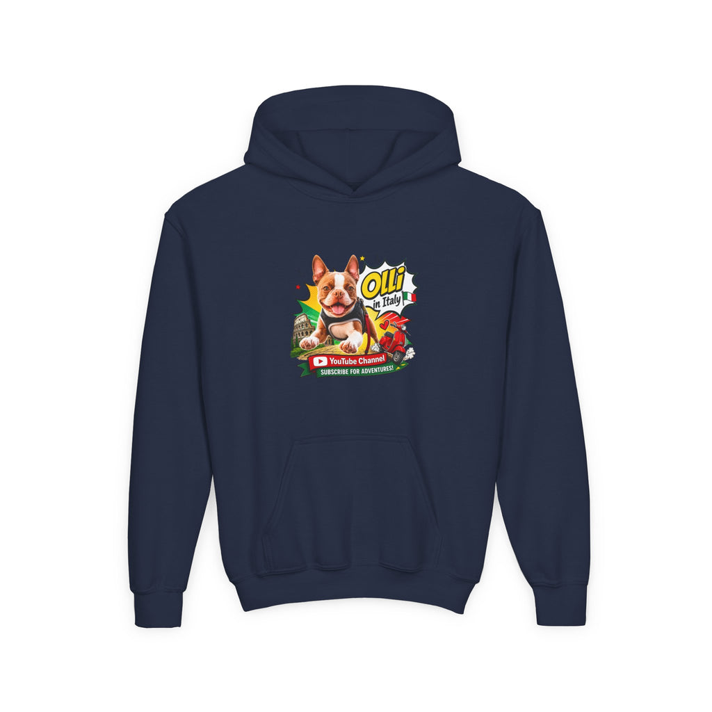Olli the Boston Terrier in Italy Hoodie — "My Nose Says This Way" Youth Pullover