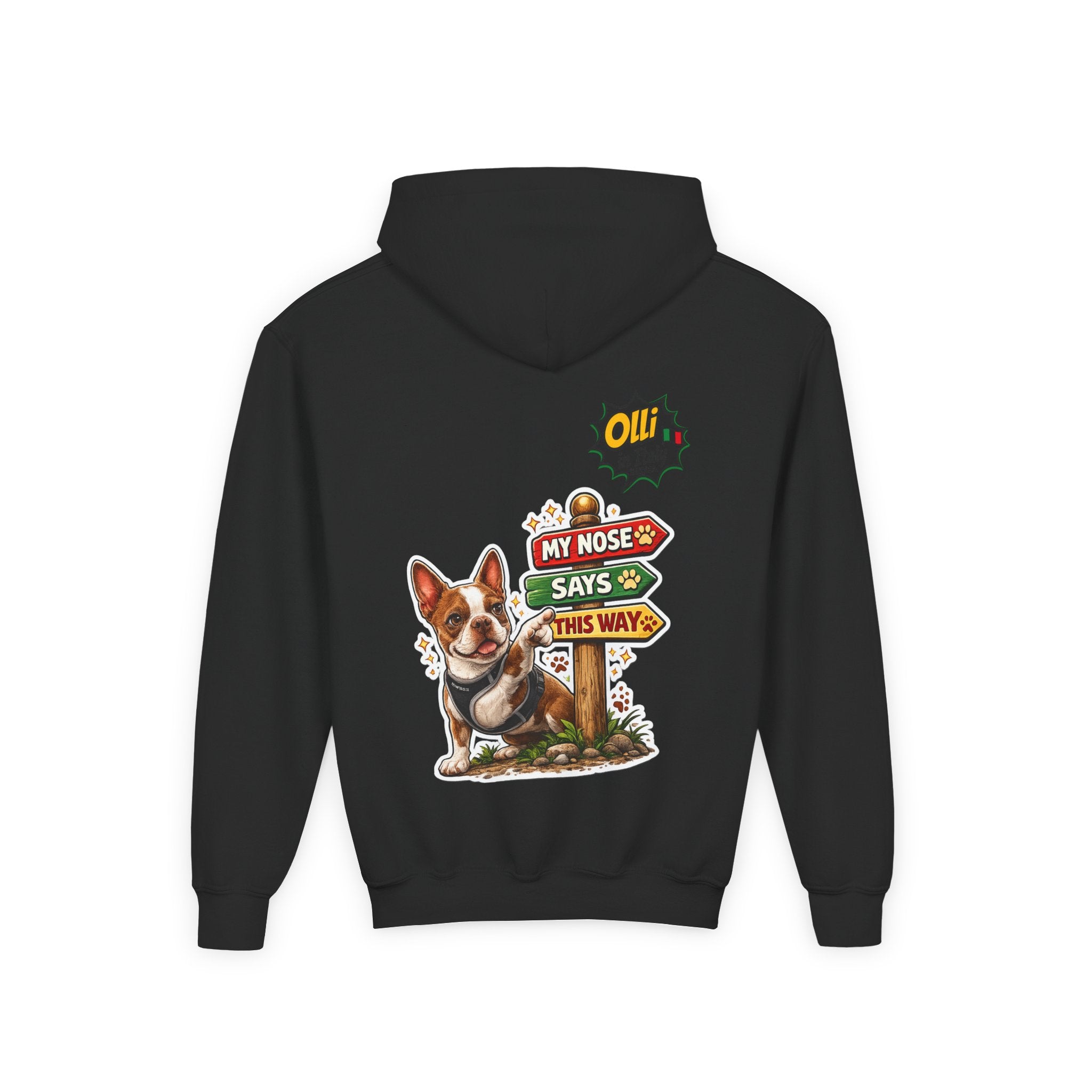 Olli the Boston Terrier Pizza Adventure Hoodie | My Nose Says This Way sweatshirt