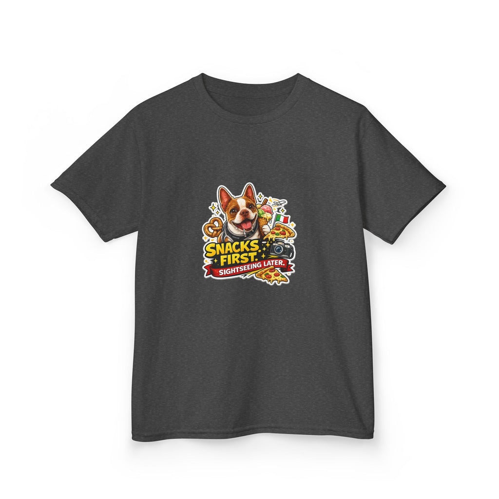 Kids T‑Shirt — "Snacks First" Funny Olli the Boston Terrier Graphic Tee for Children