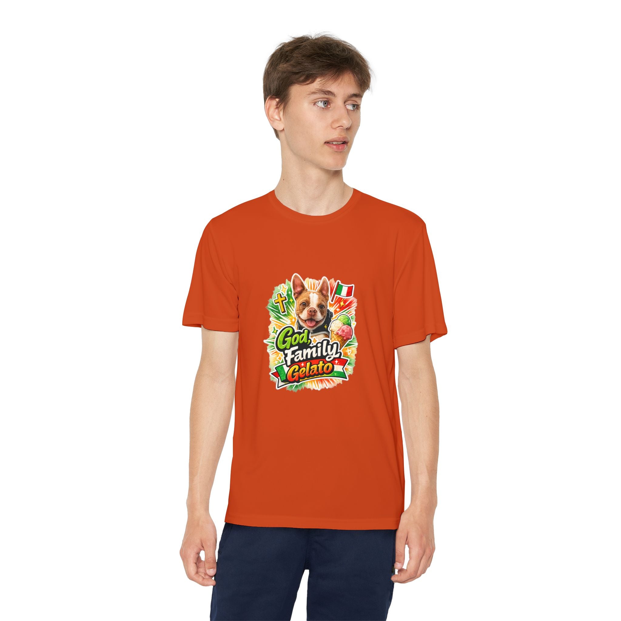 Youth Graphic Tee — 'God, Family, Gelato' Olli In Italy Boston Terrier Dog