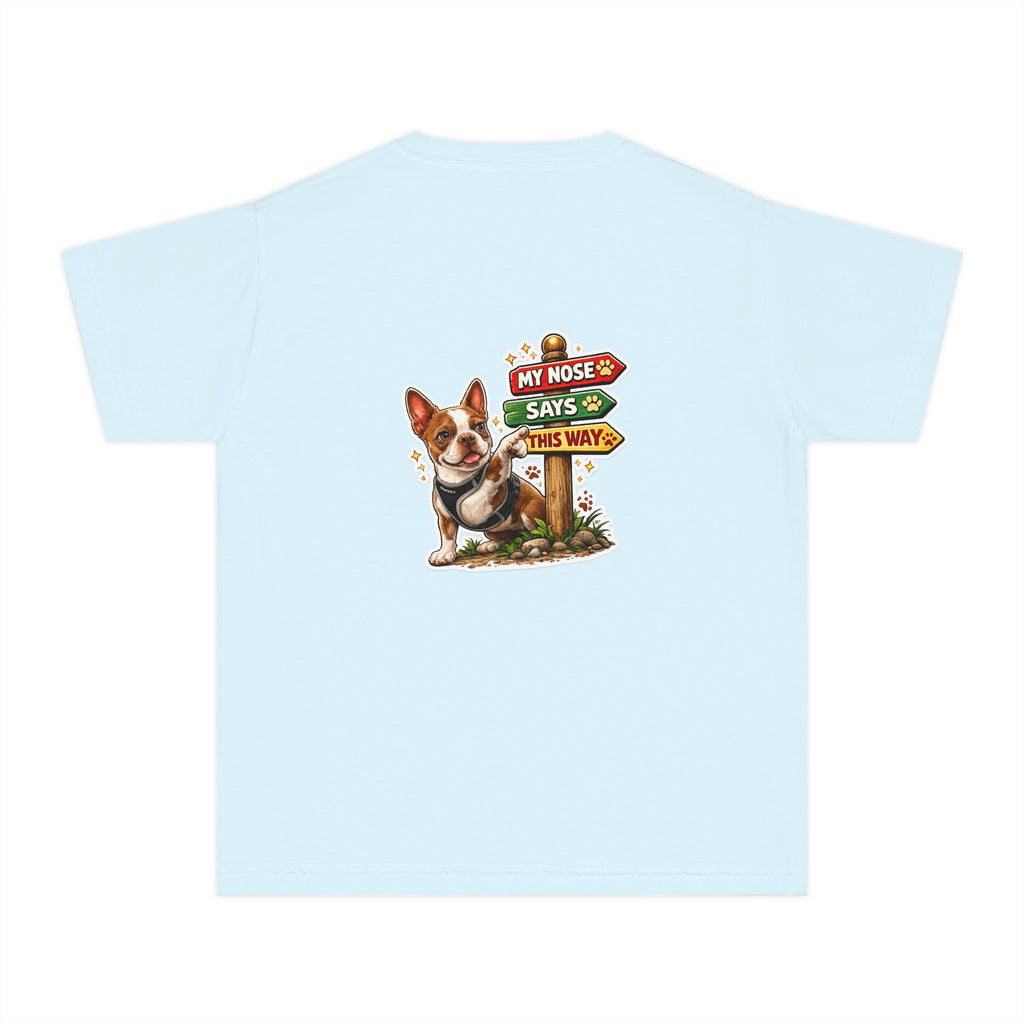 Youth Tee - Cute Olli the Boston Terrier "My Nose Says This Way" Vintage Italian Pizza Chef Graphic