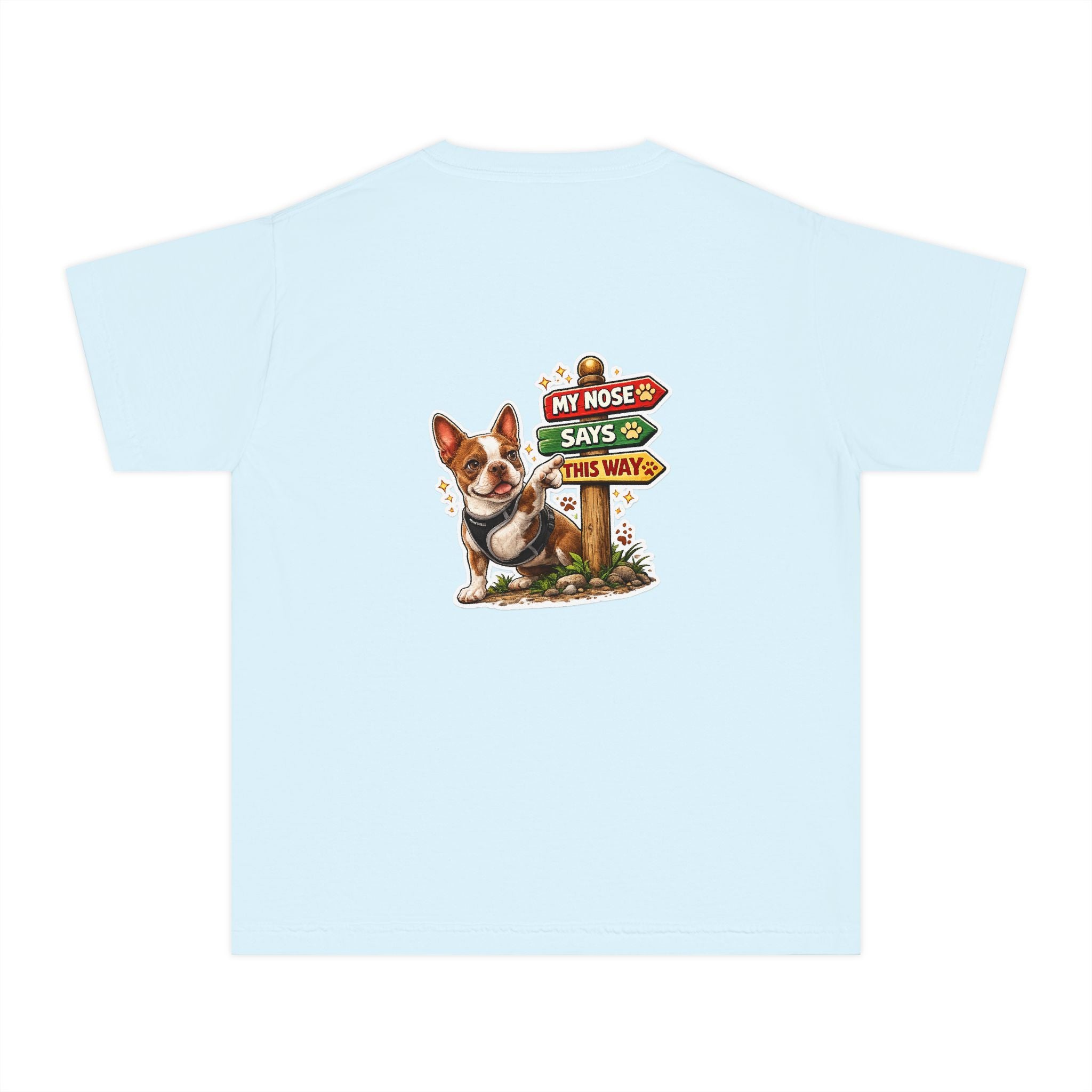 Youth Tee - Cute Olli the Boston Terrier "My Nose Says This Way" Vintage Italian Pizza Chef Graphic