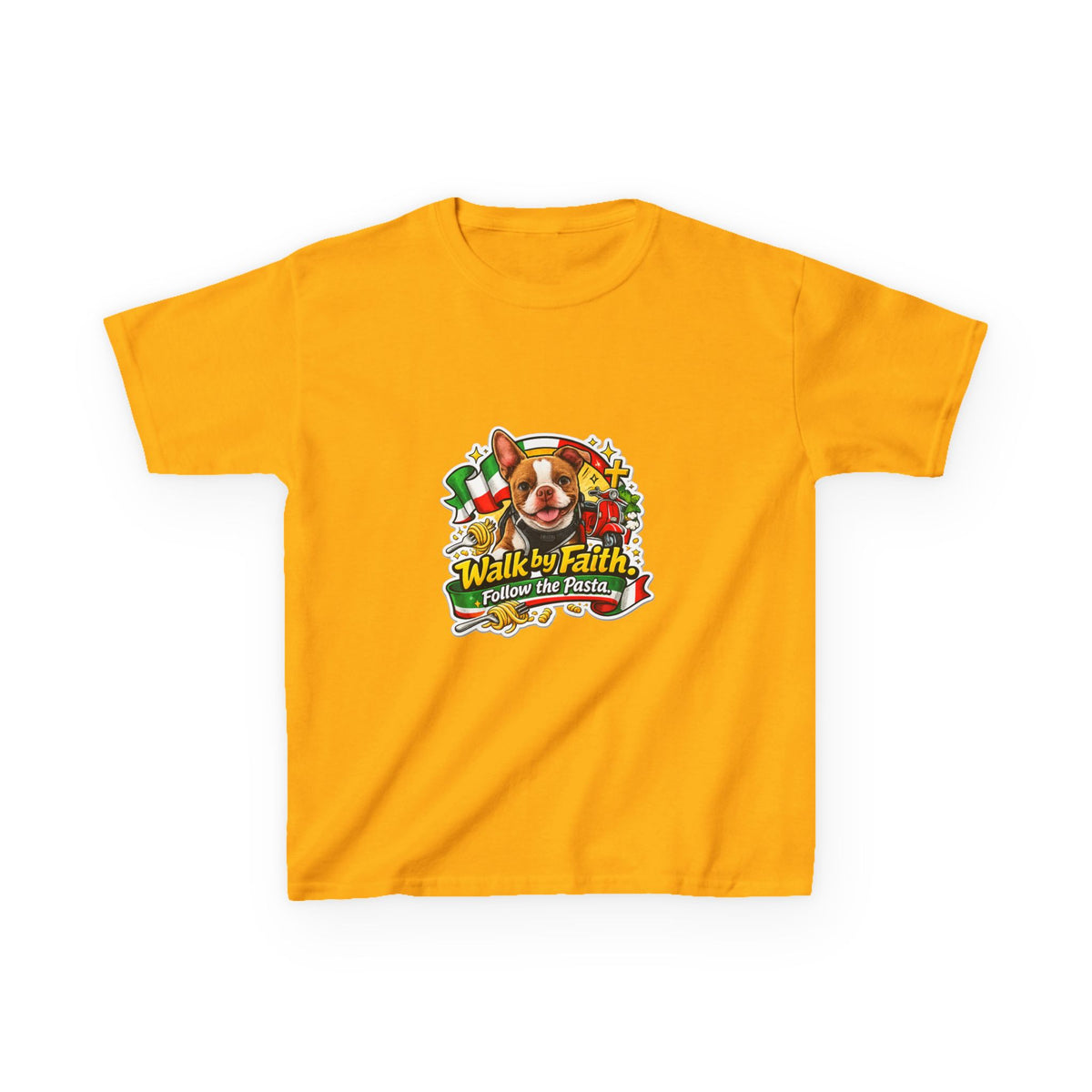 Kids T‑Shirt — “Walk by Faith, Follow the Pasta ” Cute Olli the Boston Terrier Faith Graphic