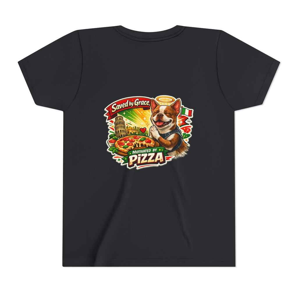 Kids' Pizza Olli the Boston Terrier in Italy Tee — "Saved by Grace" Funny Italian Pizza Youth Shirt
