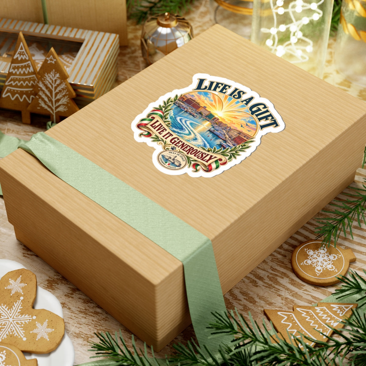 Life Is a Gift Sticker — Scenic Inspirational Kiss-Cut Sticker ("Live It Generously")