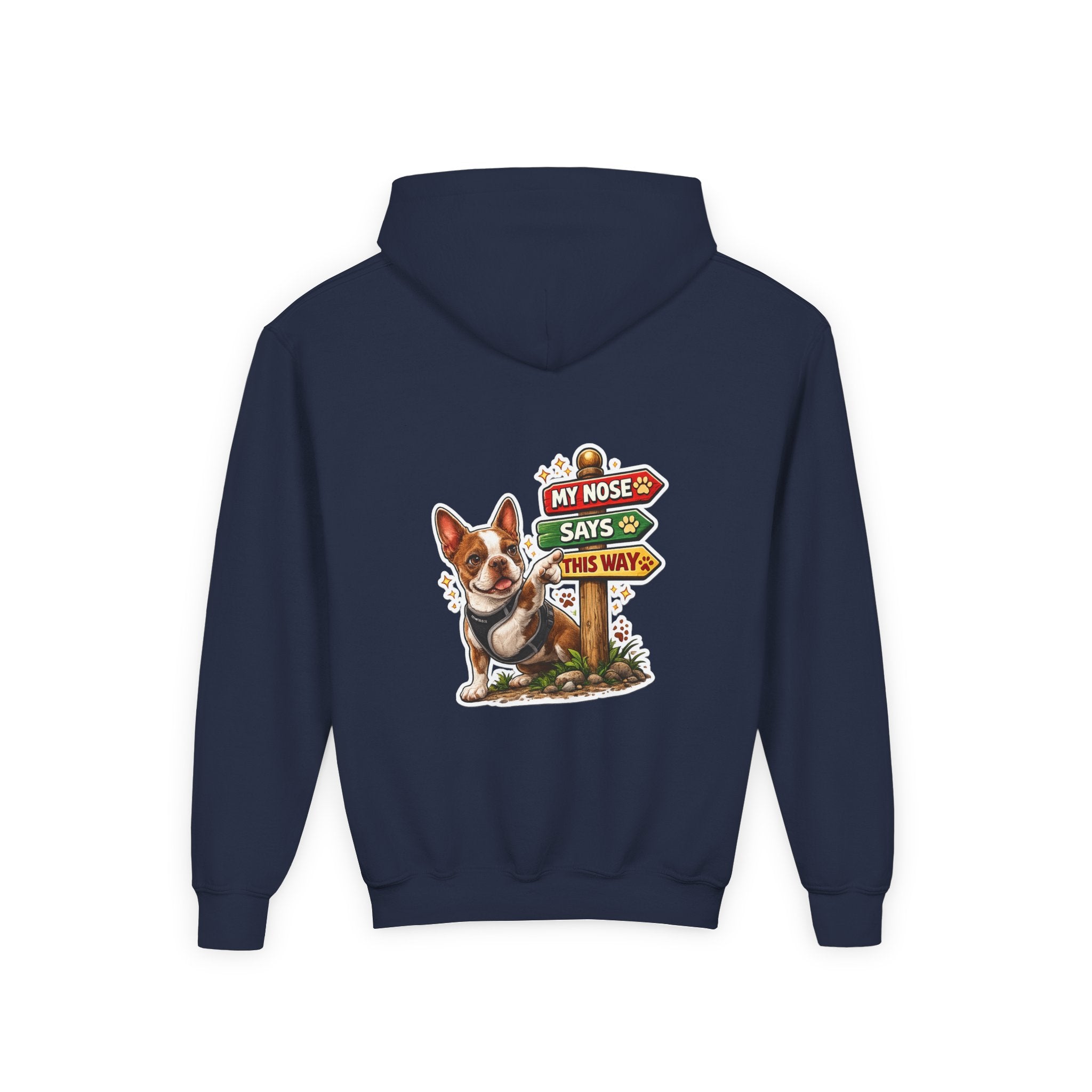 Olli the Boston Terrier in Italy Hoodie — "My Nose Says This Way" Youth Pullover