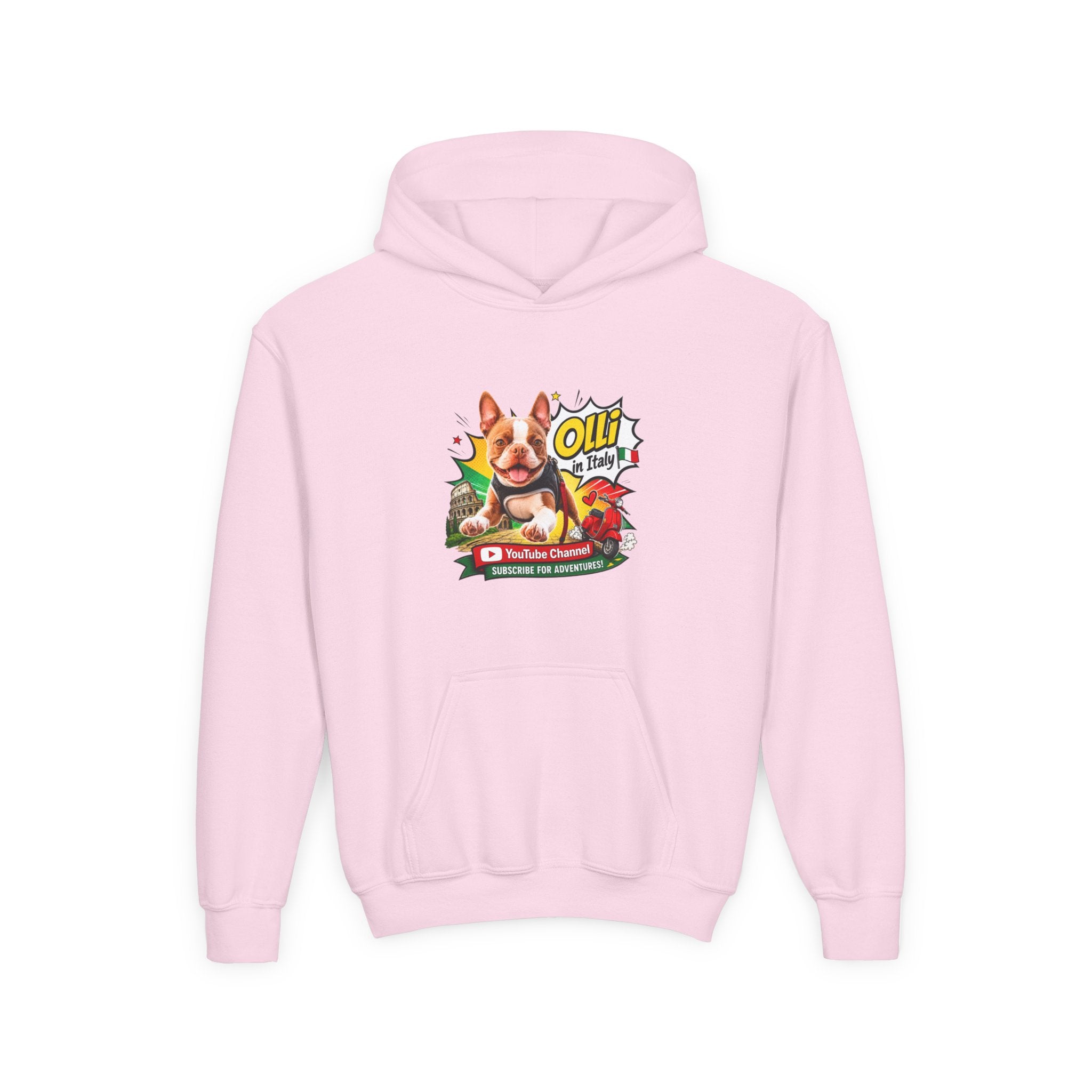 Olli the Boston Terrier in Italy Hoodie — "My Nose Says This Way" Youth Pullover