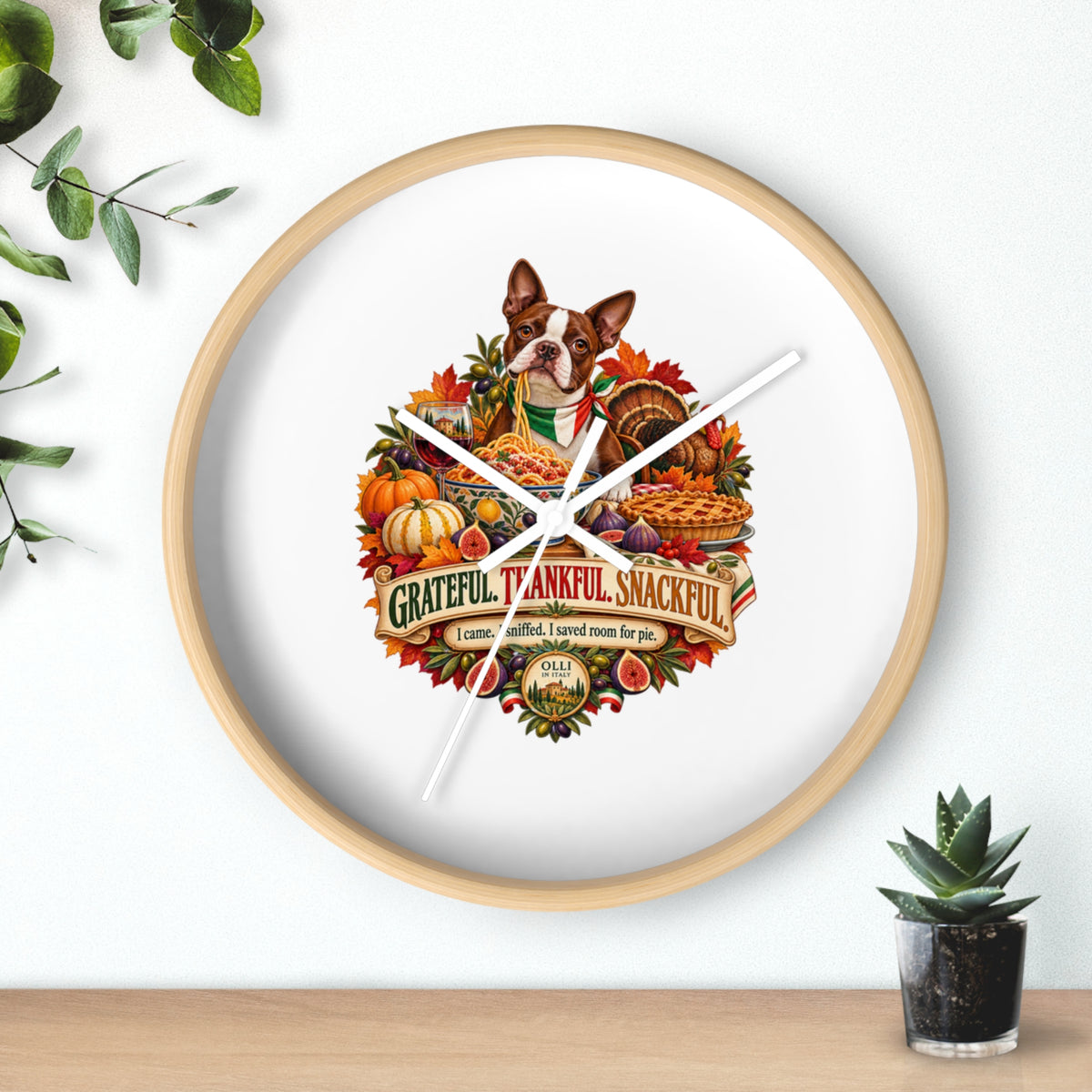 Thankful Pup Thanksgiving Wall Clock — Autumn Harvest Dog Decor