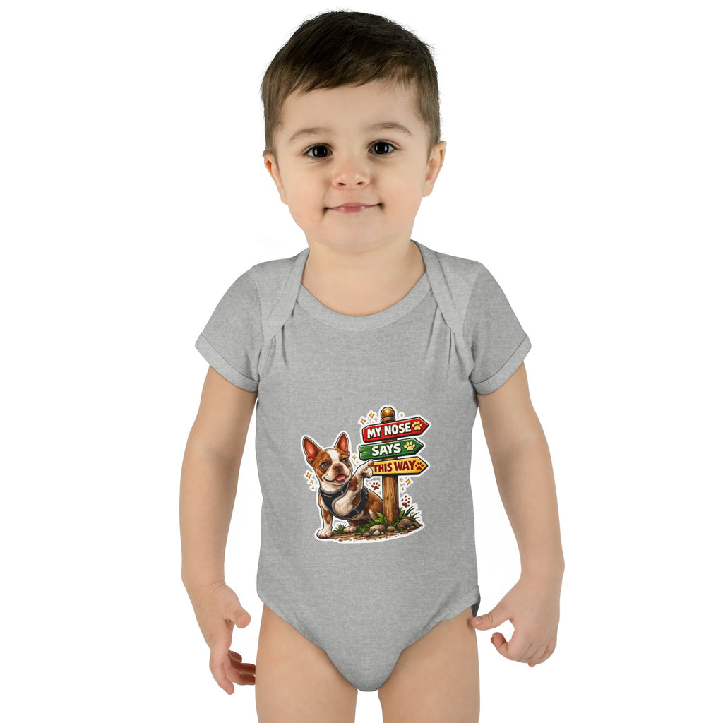 Infant Bodysuit — "My Nose Says This Way" Olli In Italy Boston Terrier Onesie (Front & Back Cute Dog Design)