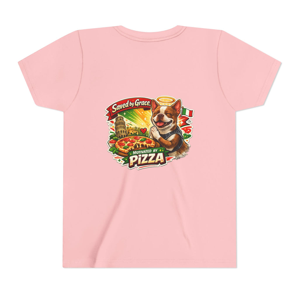Kids' Pizza Olli the Boston Terrier Tee — "Saved by Grace" Funny Italian Pizza Youth Shirt