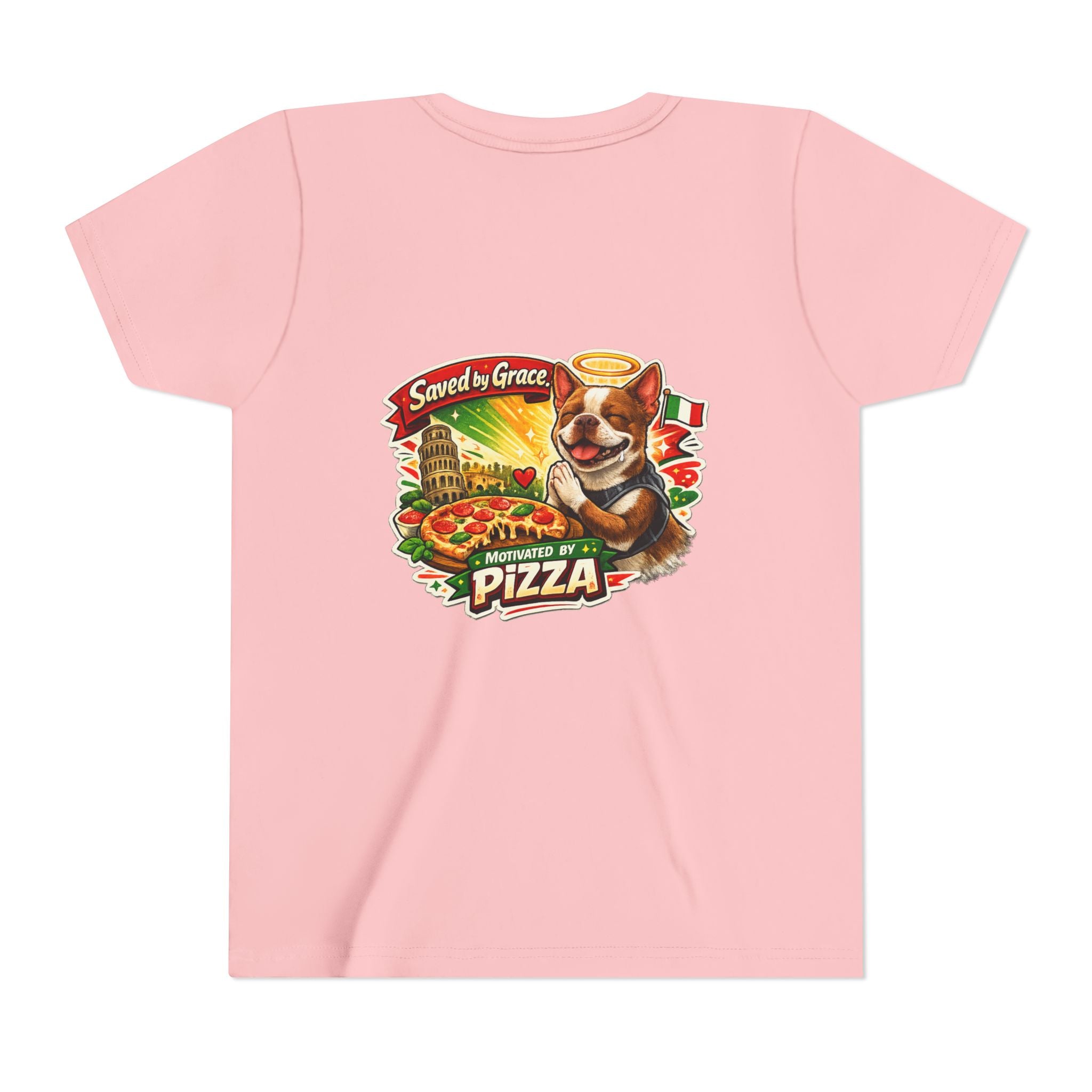 Kids' Pizza Olli the Boston Terrier Tee — "Saved by Grace" Funny Italian Pizza Youth Shirt