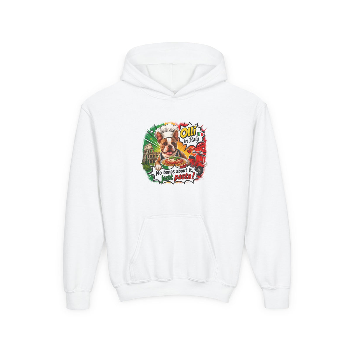 Youth Hoodie — "Olli from Italy" Boston Terrier Christmas Holiday Sweatshirt