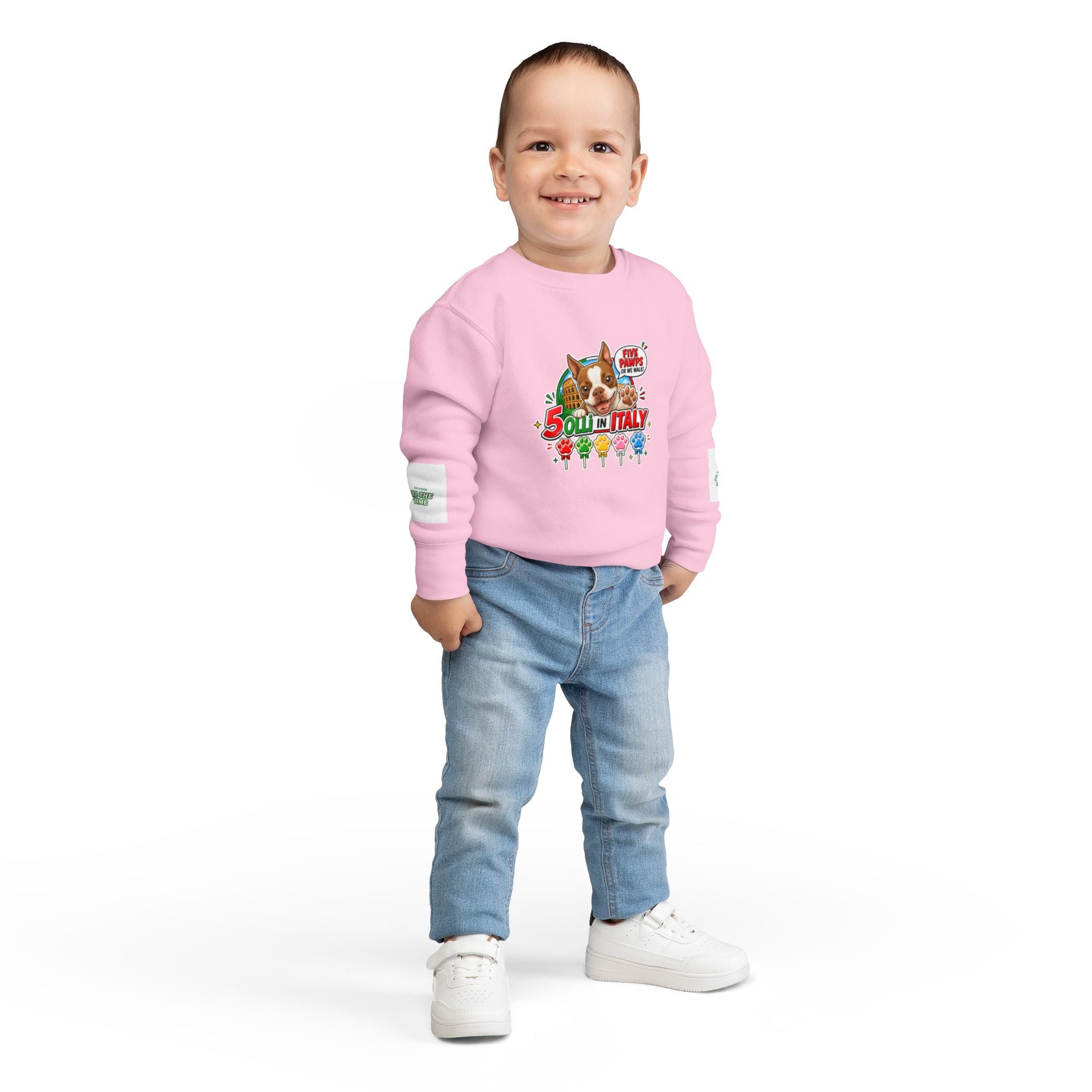 Toddler Sweatshirt - "Olli in Italy" Cute Boston Terrier Puppy Travel Crewneck