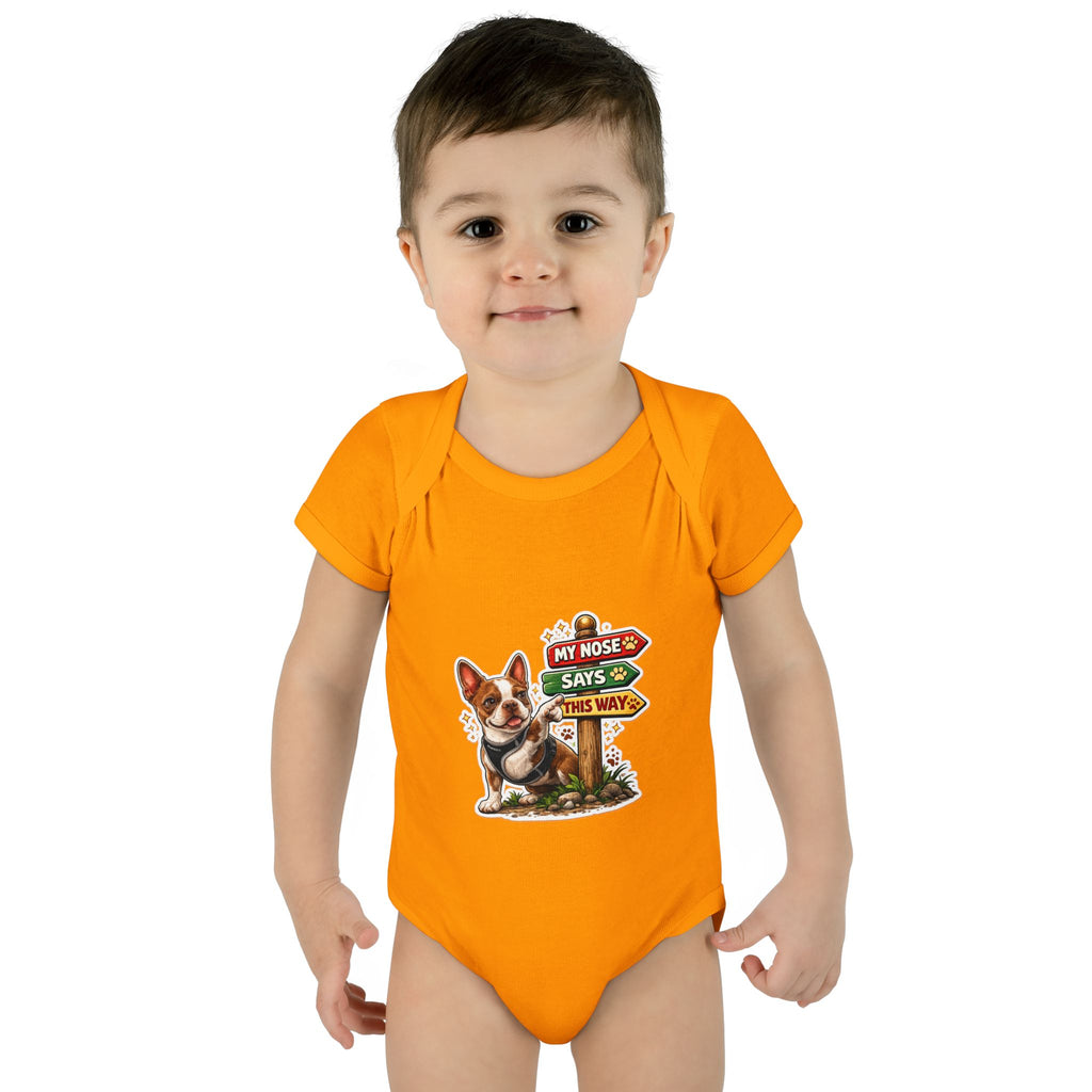 Infant Bodysuit — "My Nose Says This Way" Boston Terrier 'Olli' Baby Onesie (Front & Back Cute Dog Design)