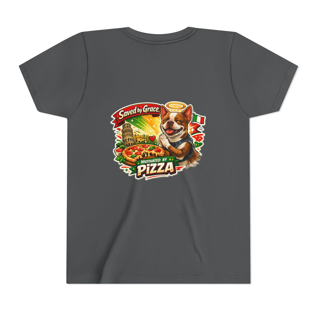 Kids' Pizza Olli the Boston Terrier Tee — "Saved by Grace" Funny Italian Pizza Youth Shirt