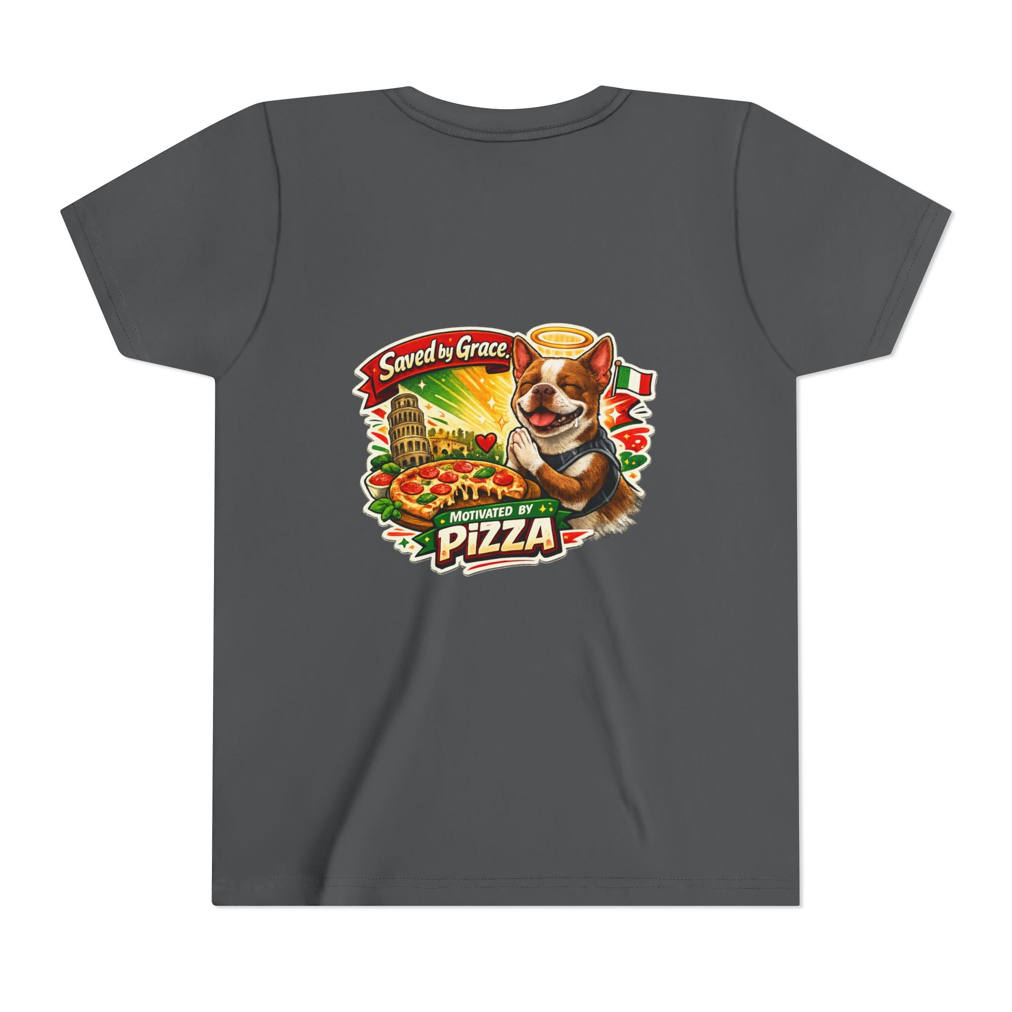 Kids' Pizza Olli the Boston Terrier Tee — "Saved by Grace" Funny Italian Pizza Youth Shirt