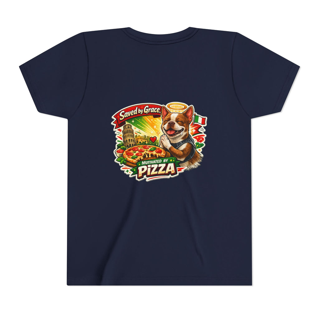 Kids' Pizza Olli the Boston Terrier Tee — "Saved by Grace" Funny Italian Pizza Youth Shirt