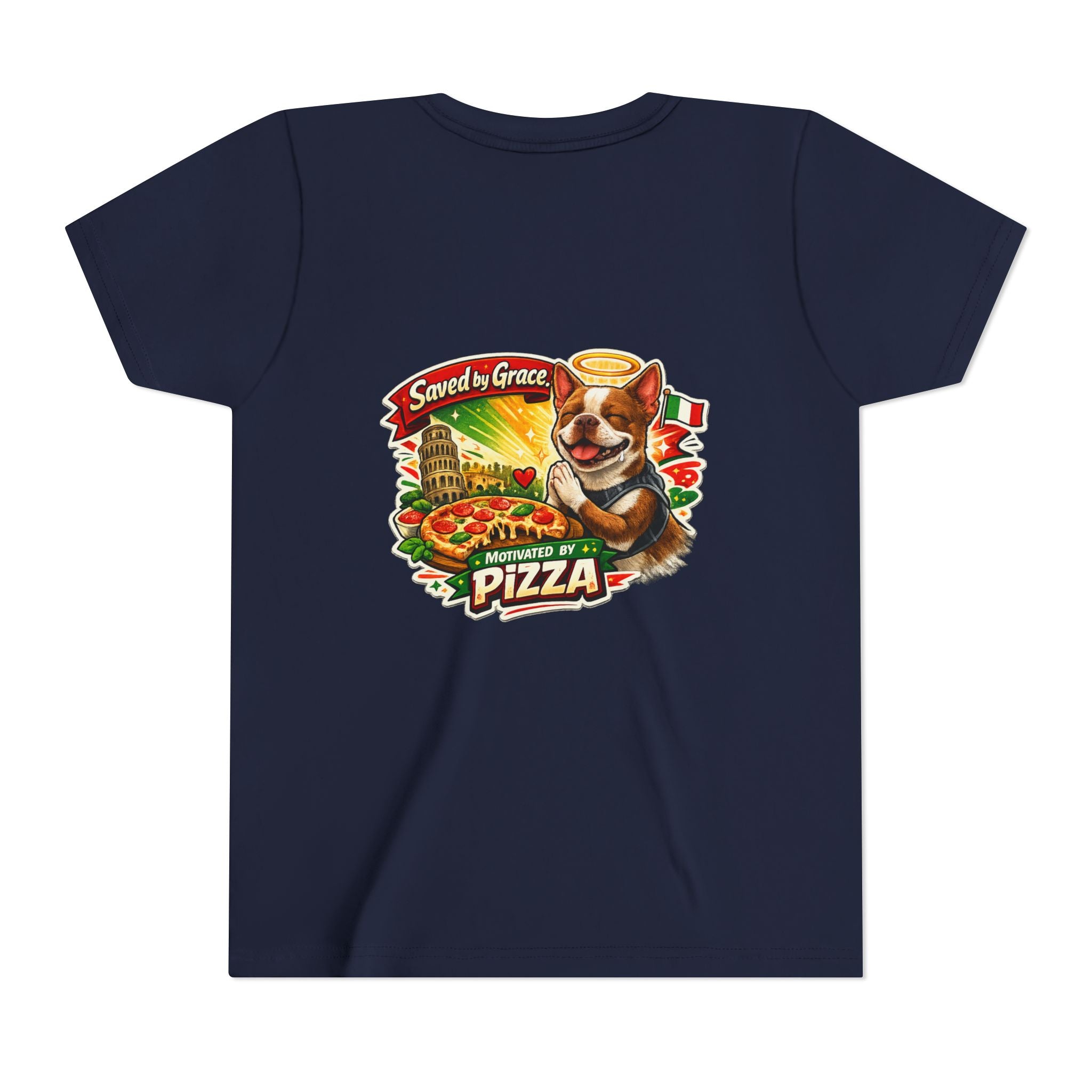 Kids' Pizza Olli the Boston Terrier Tee — "Saved by Grace" Funny Italian Pizza Youth Shirt