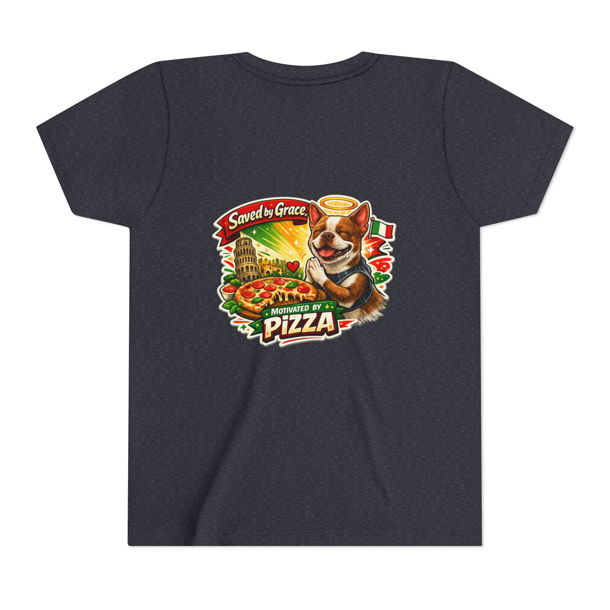 Kids' Pizza Olli the Boston Terrier Tee — "Saved by Grace" Funny Italian Pizza Youth Shirt