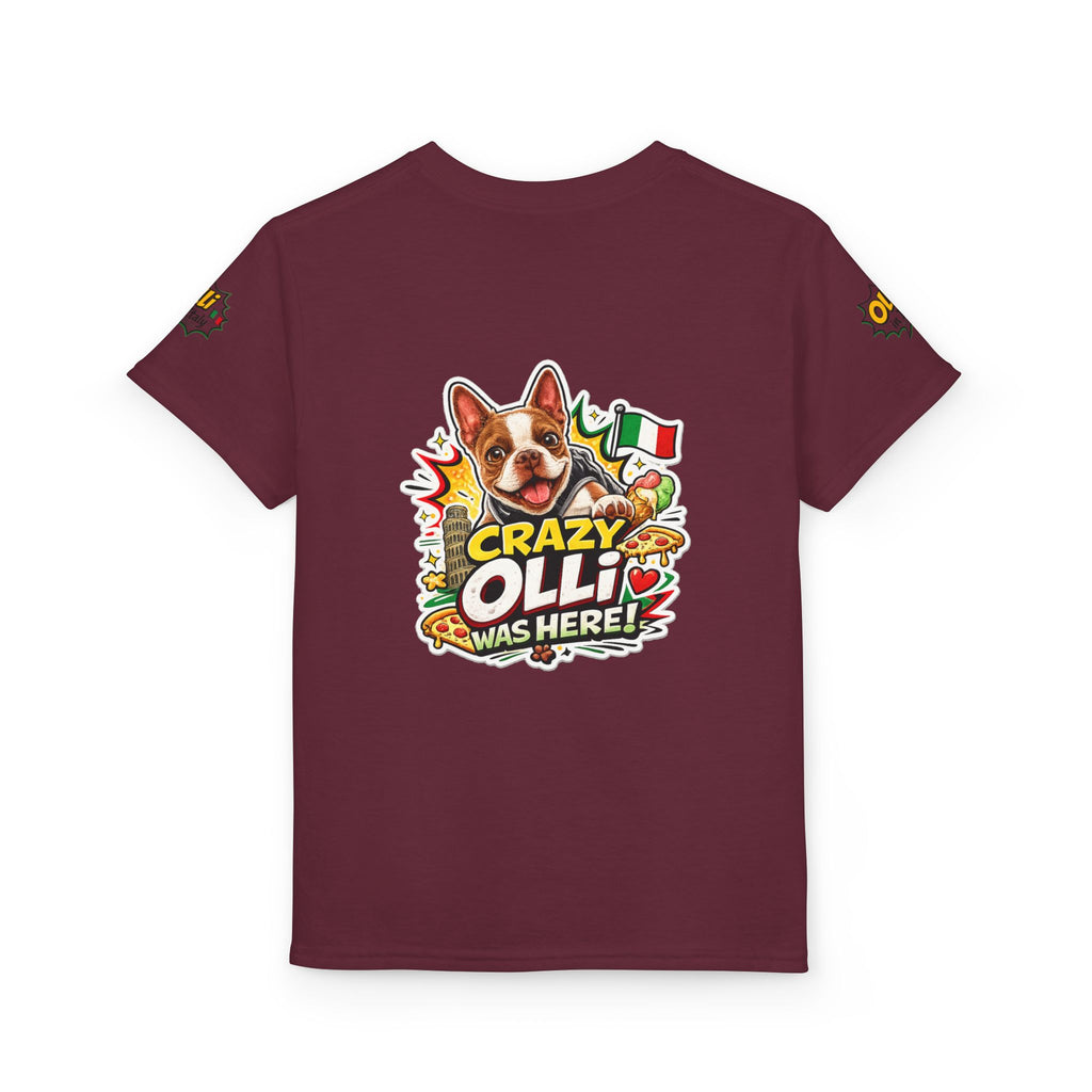Youth T-Shirt — "Crazy Olli Was Here" Olli the Boston Terrier In Italy Dog Graphic