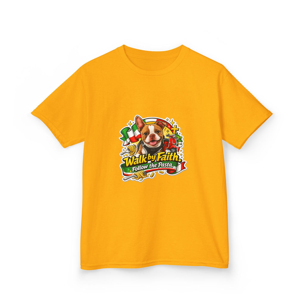 Kids T‑Shirt — “Walk by Faith, Follow the Pasta ” Cute Olli the Boston Terrier Faith Graphic