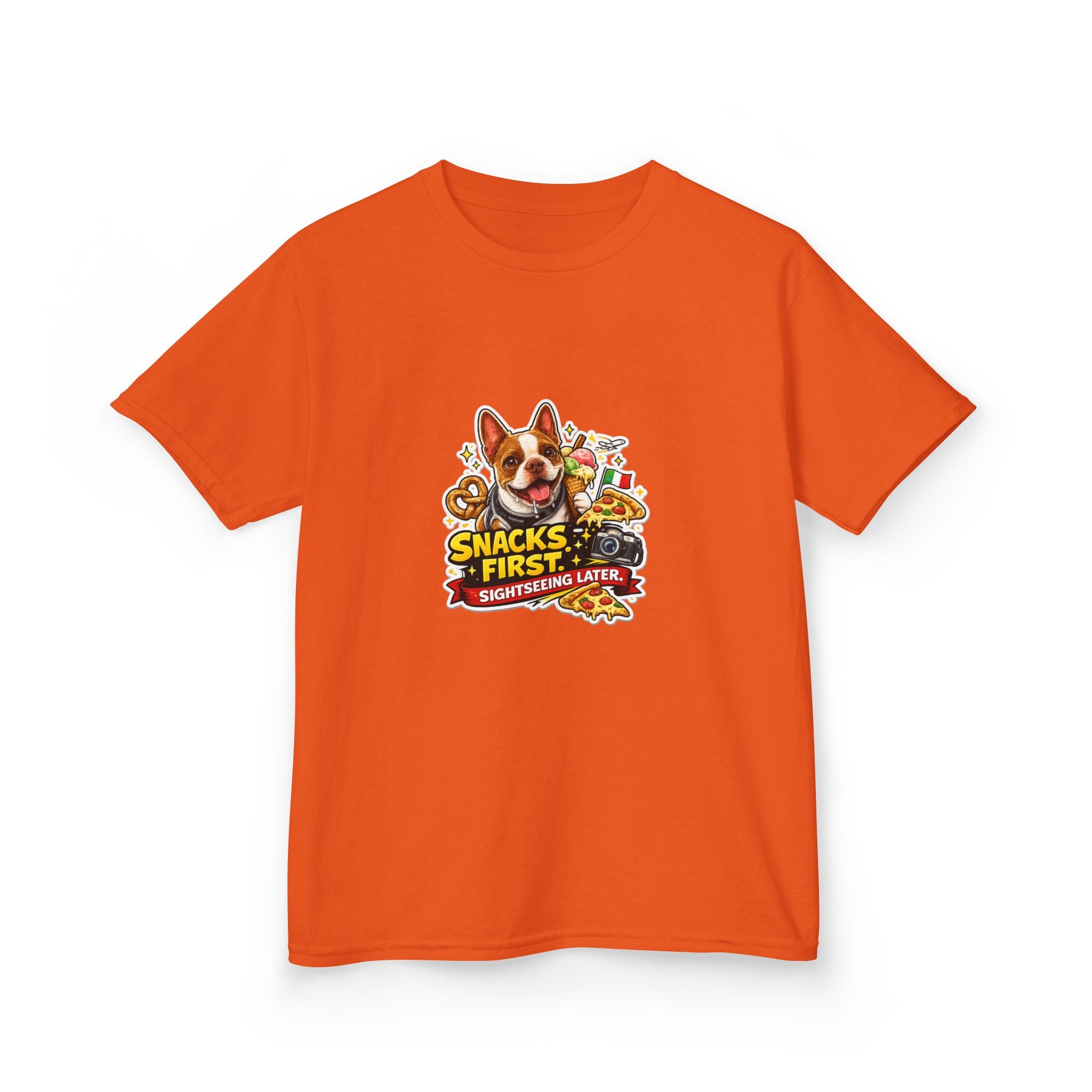 Kids T‑Shirt — "Snacks First" Funny Olli the Boston Terrier Graphic Tee for Children