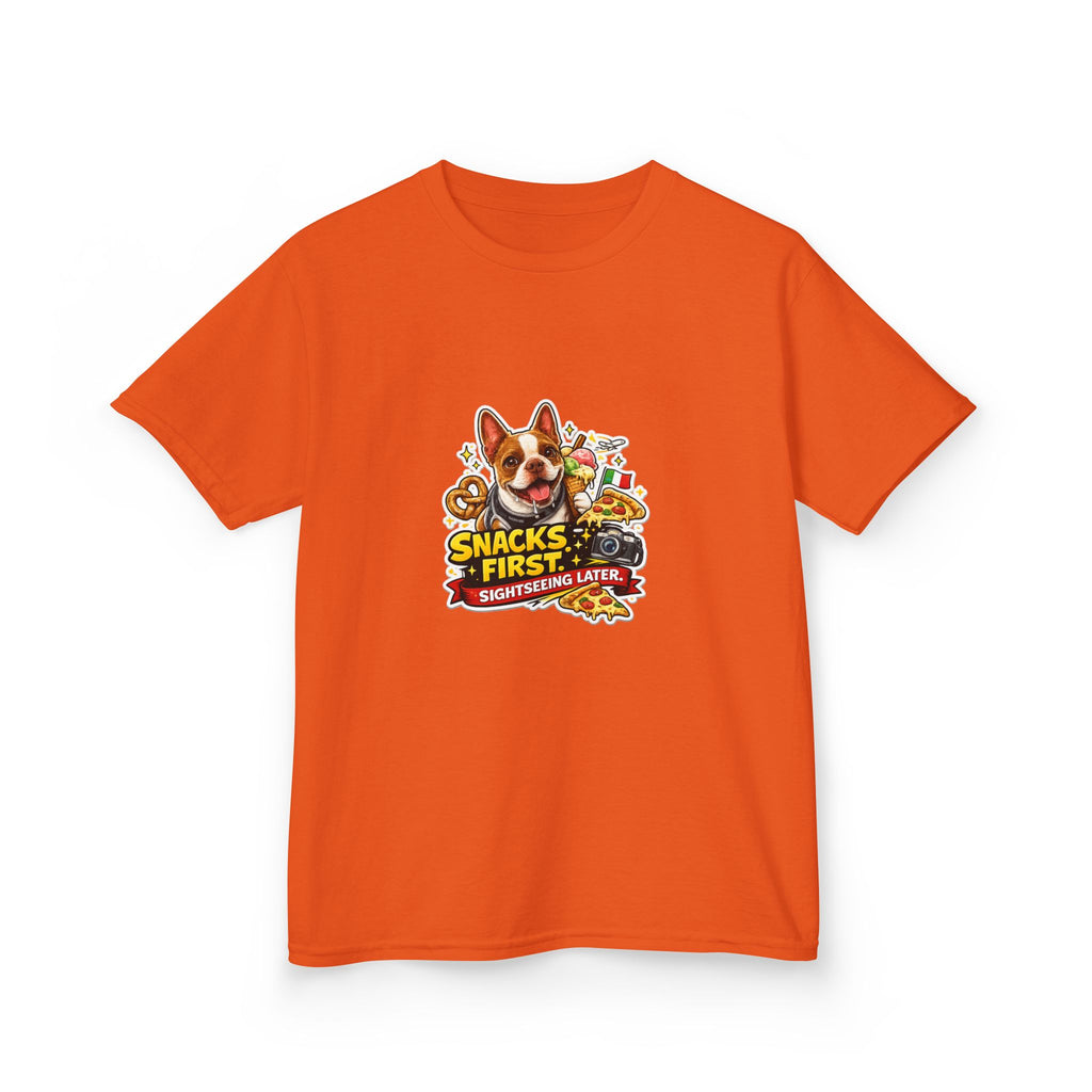 Kids T‑Shirt — "Snacks First" Funny Olli the Boston Terrier Graphic Tee for Children
