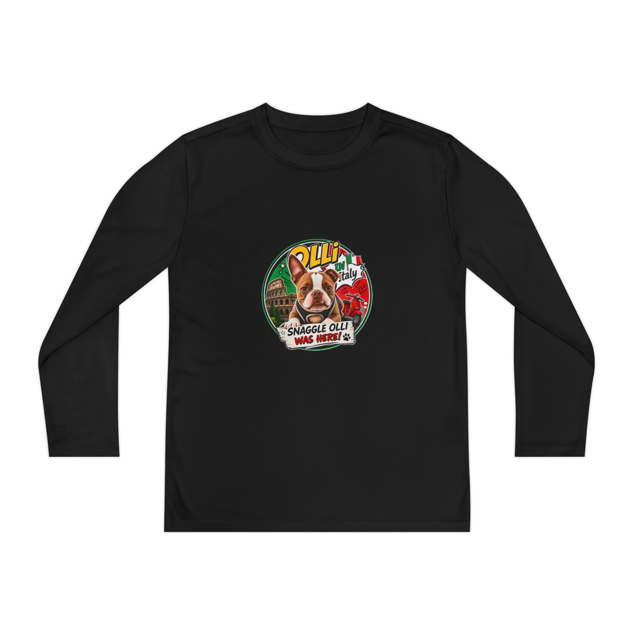 Olli the Boston Terrier in Italy Youth Long Sleeve Tee — "Olli" Surf Rescue Graphic