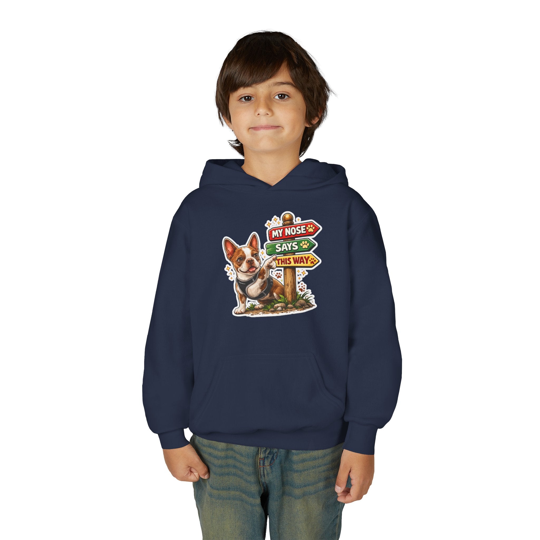 Youth Hoodie — Cute Olli the Boston Terrier ‘My Nose Says This Way’ / ‘I Came, I Sniffed, I Judged’