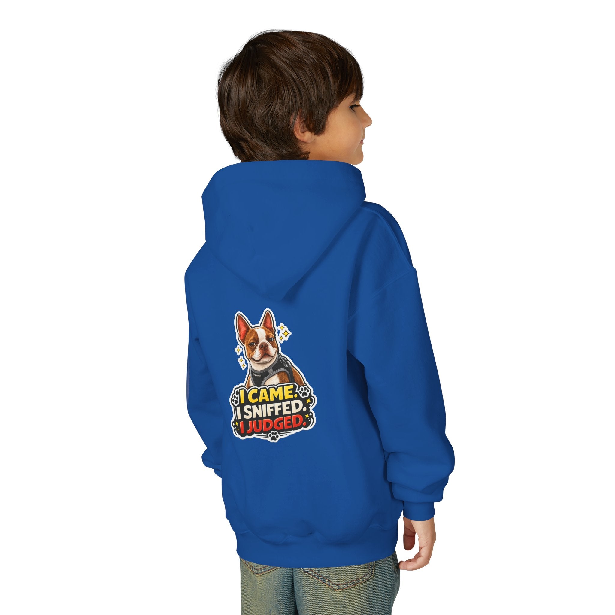 Youth Hoodie — Olli In Italy Boston Terrier Dog Design ‘My Nose Says This Way’ / ‘I Came, I Sniffed, I Judged’