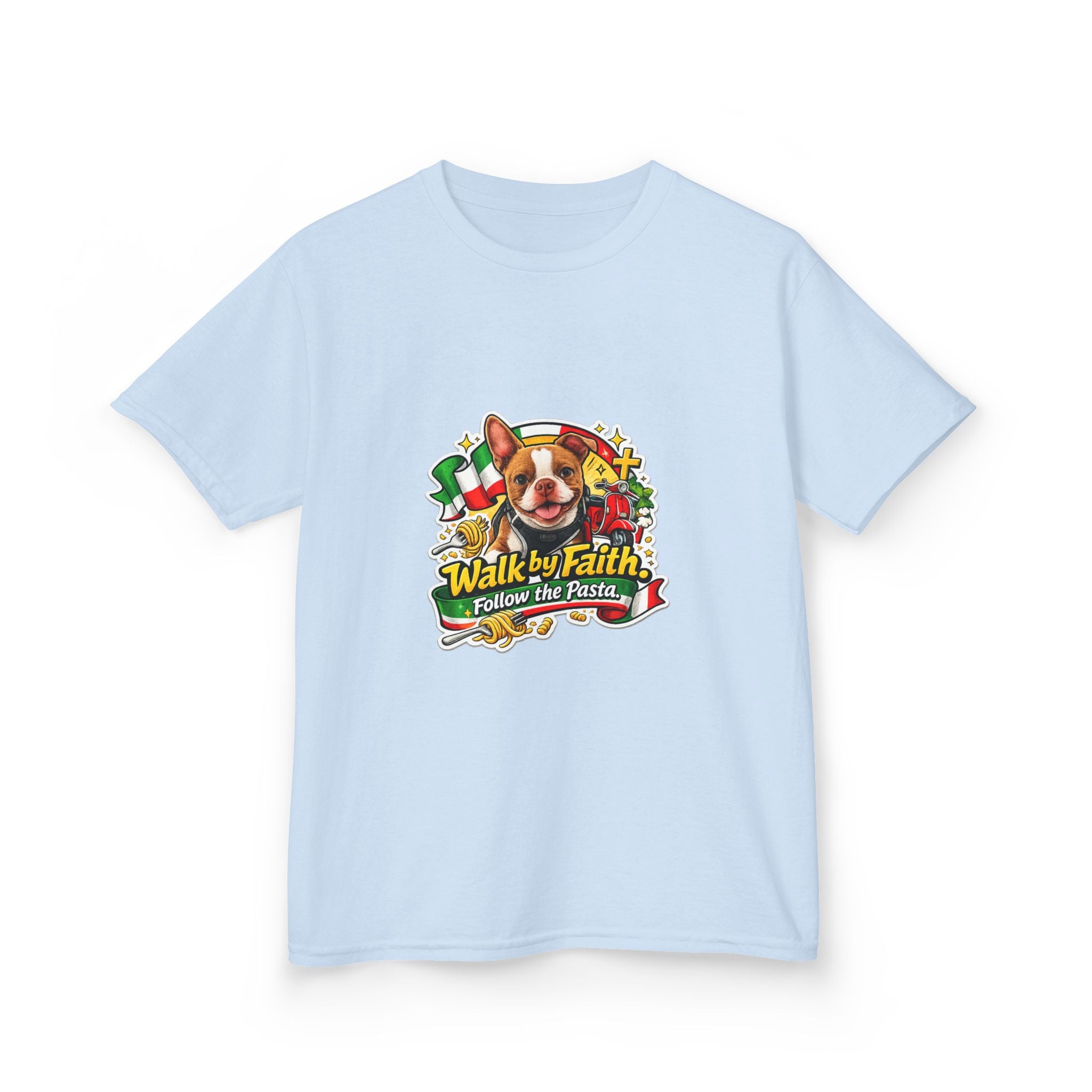 Kids T‑Shirt — “Walk by Faith, Follow the Path” Cute Olli the Boston Terrier In Italy Dog Faith Graphic