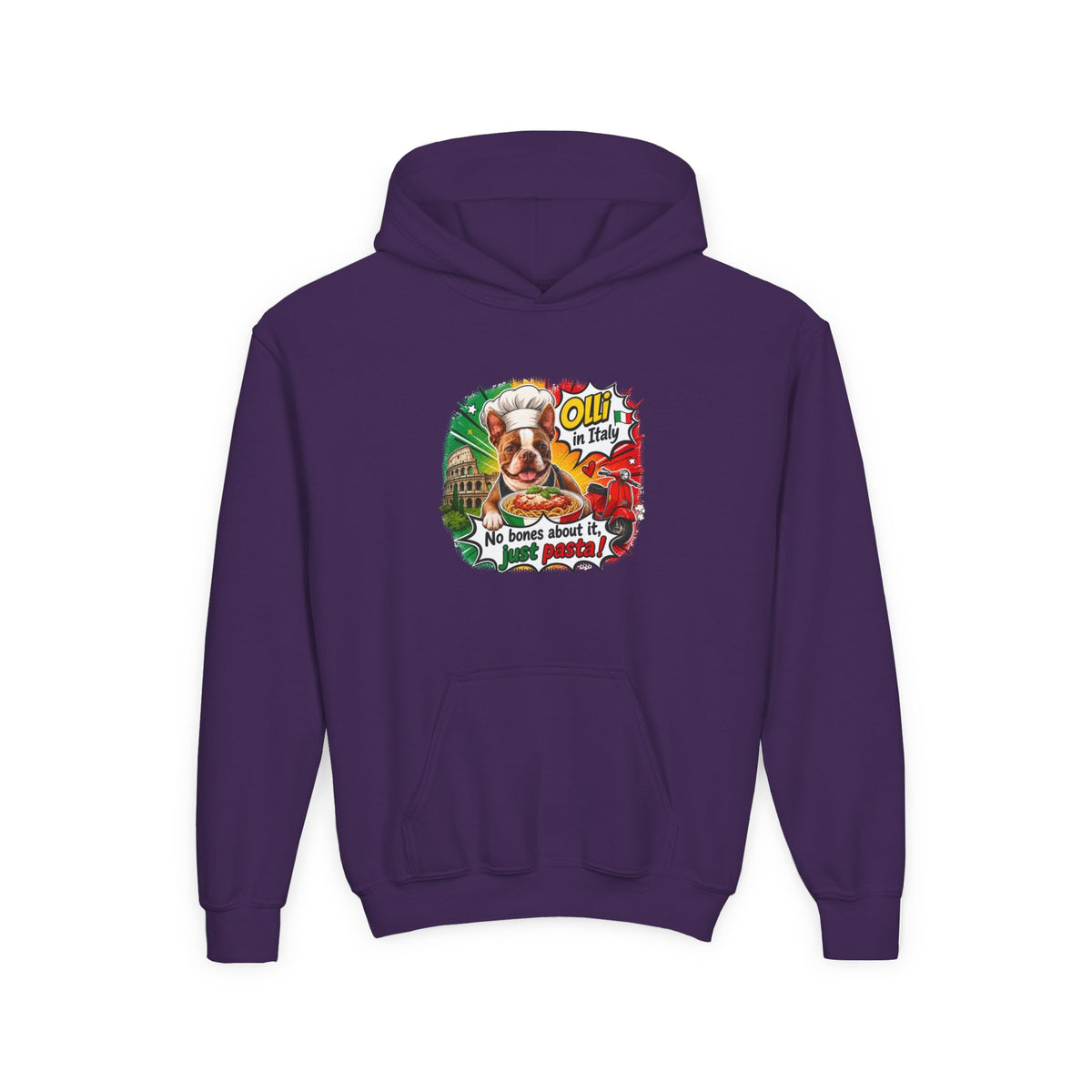 Youth Hoodie — "Olli from Italy" Boston Terrier Christmas Holiday Sweatshirt