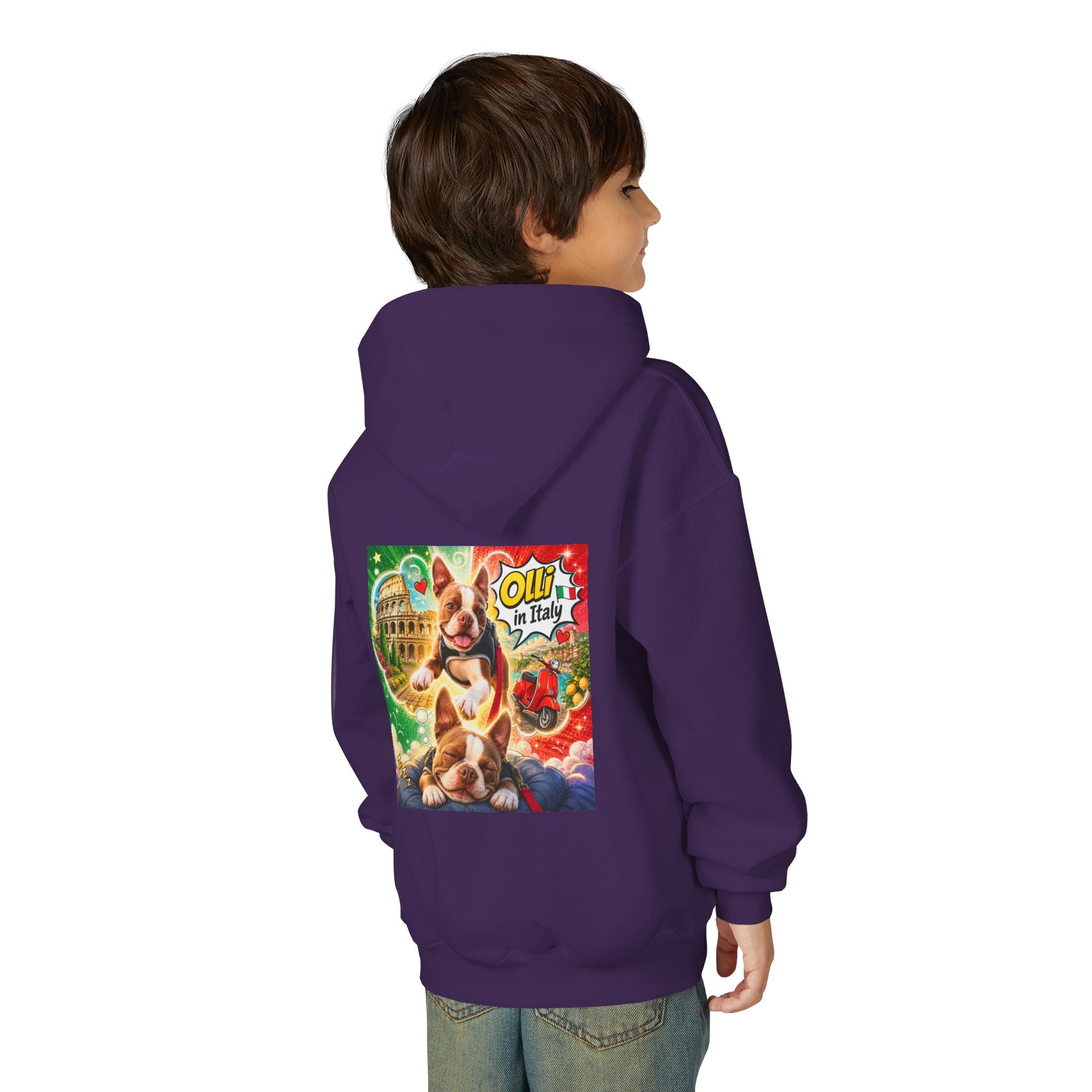 Youth Hoodie — "Olli from Italy" Boston Terrier Christmas Holiday Sweatshirt