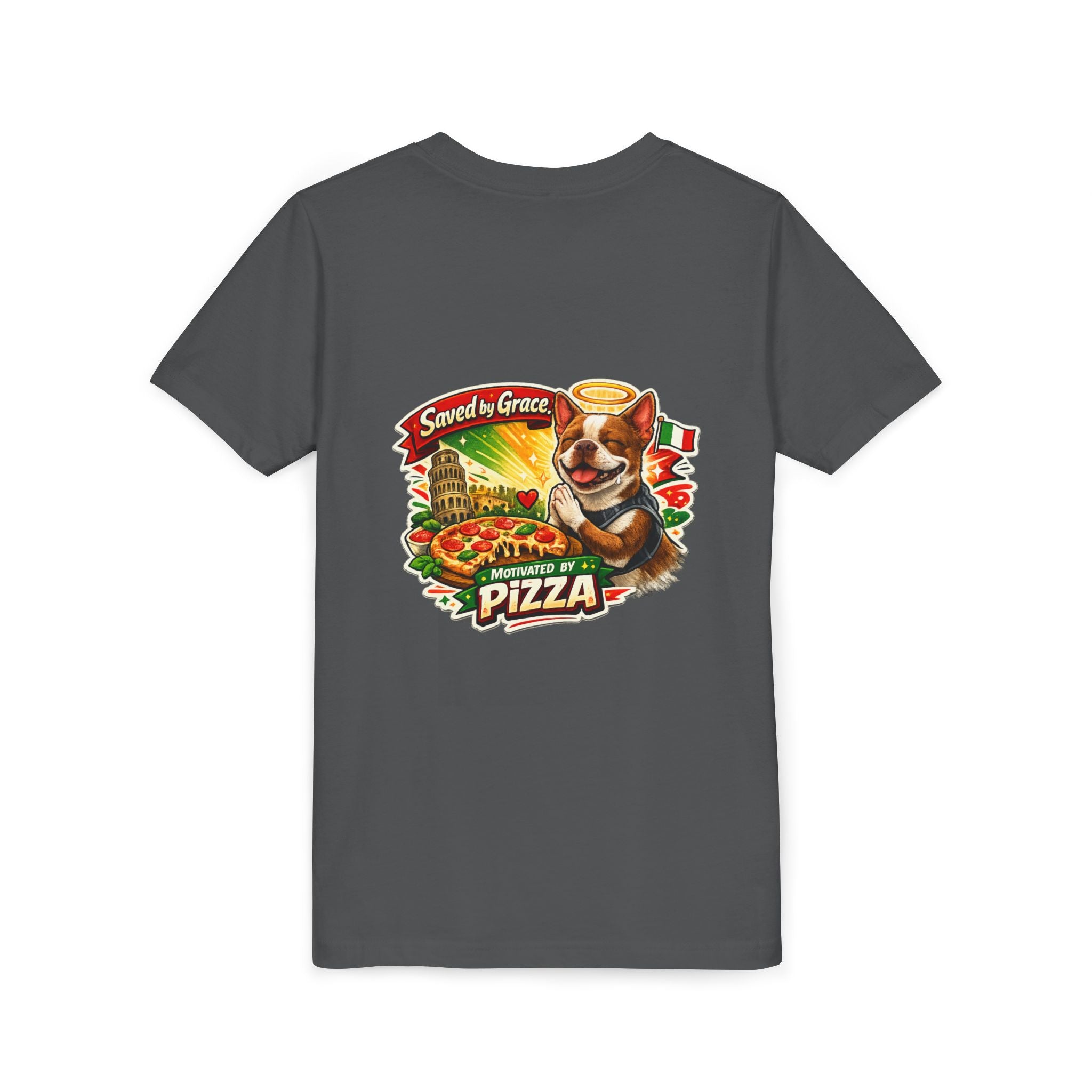 Kids' Pizza Olli the Boston Terrier Tee — "Saved by Grace" Funny Italian Pizza Youth Shirt