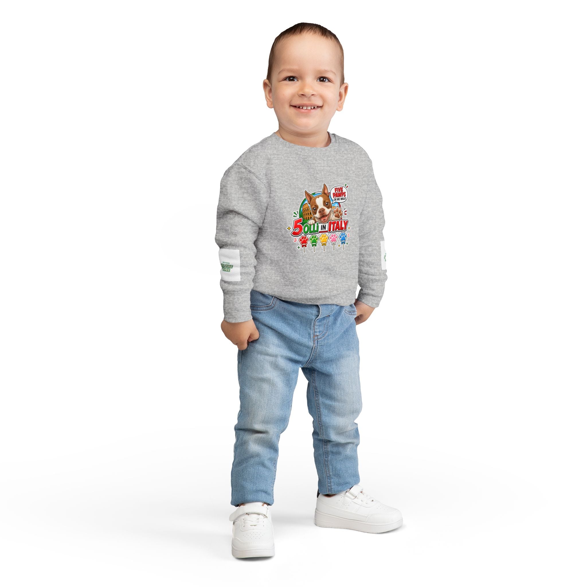 Toddler Sweatshirt - "Olli in Italy" Cute Boston Terrier Puppy Travel Crewneck