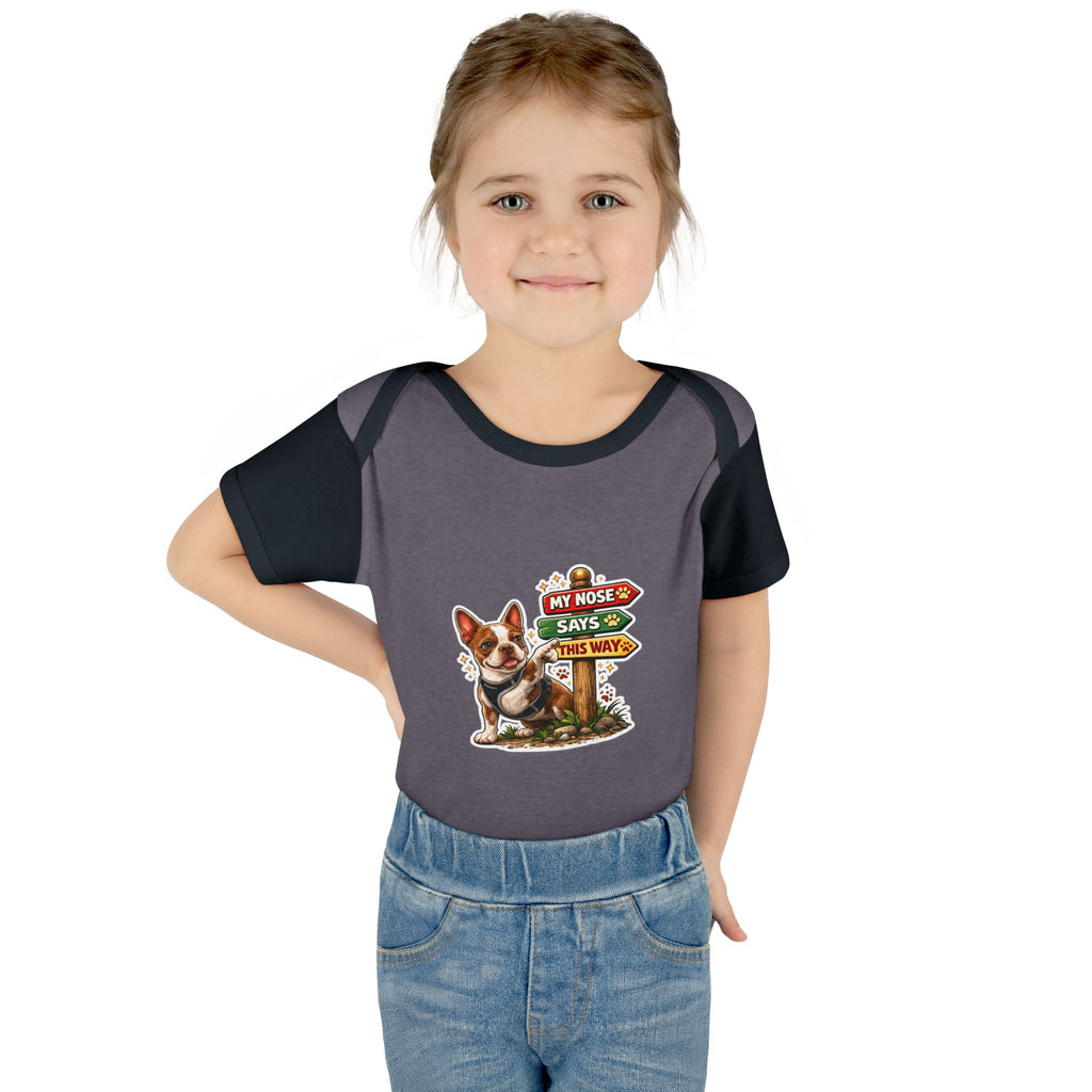 Infant Bodysuit — "My Nose Says This Way" Olli In Italy Boston Terrier Onesie (Front & Back Cute Dog Design)