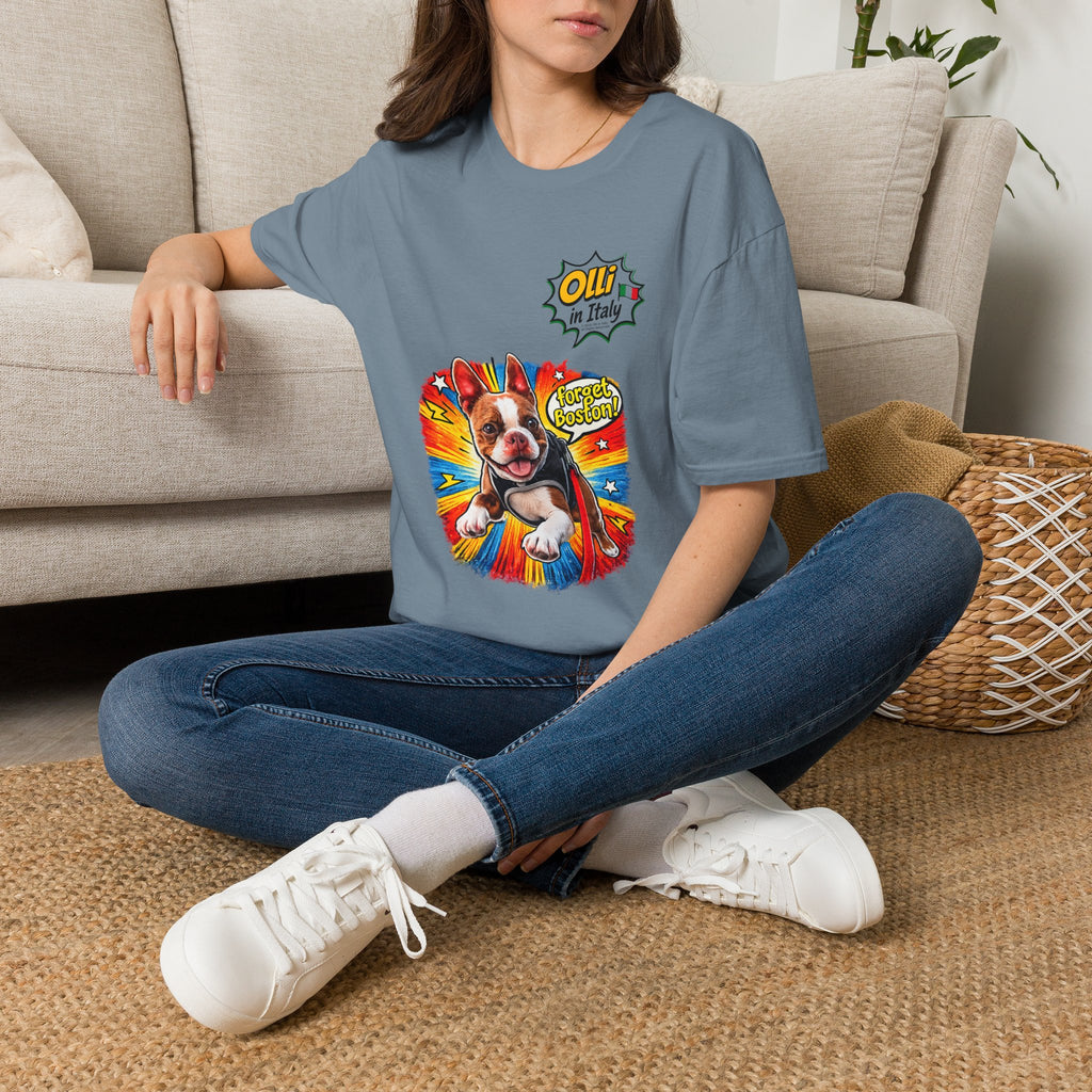 Olli in Italy "Forget Boston" Graphic T-Shirt — Colorful Dog Pop Art Tee