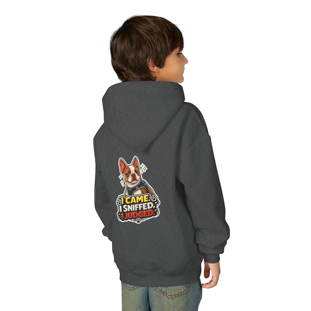 Youth Hoodie — Olli In Italy Boston Terrier Dog Design ‘My Nose Says This Way’ / ‘I Came, I Sniffed, I Judged’
