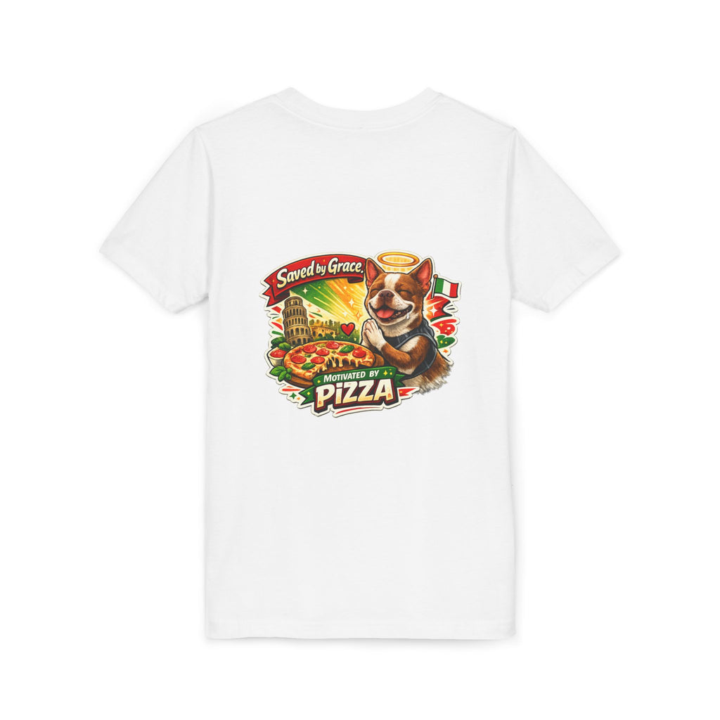 Kids' Pizza Olli the Boston Terrier Tee — "Saved by Grace" Funny Italian Pizza Youth Shirt