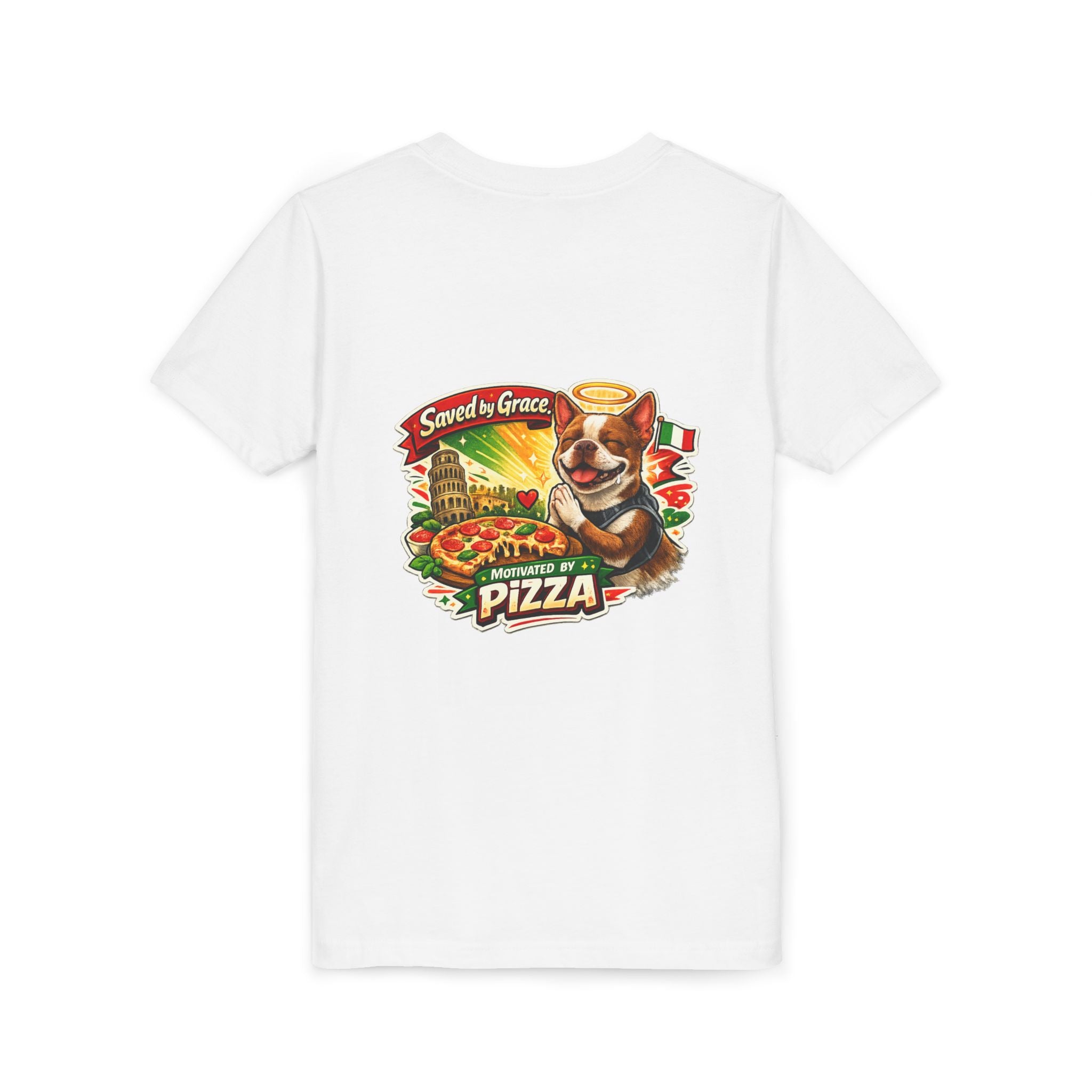 Kids' Pizza Olli the Boston Terrier Tee — "Saved by Grace" Funny Italian Pizza Youth Shirt
